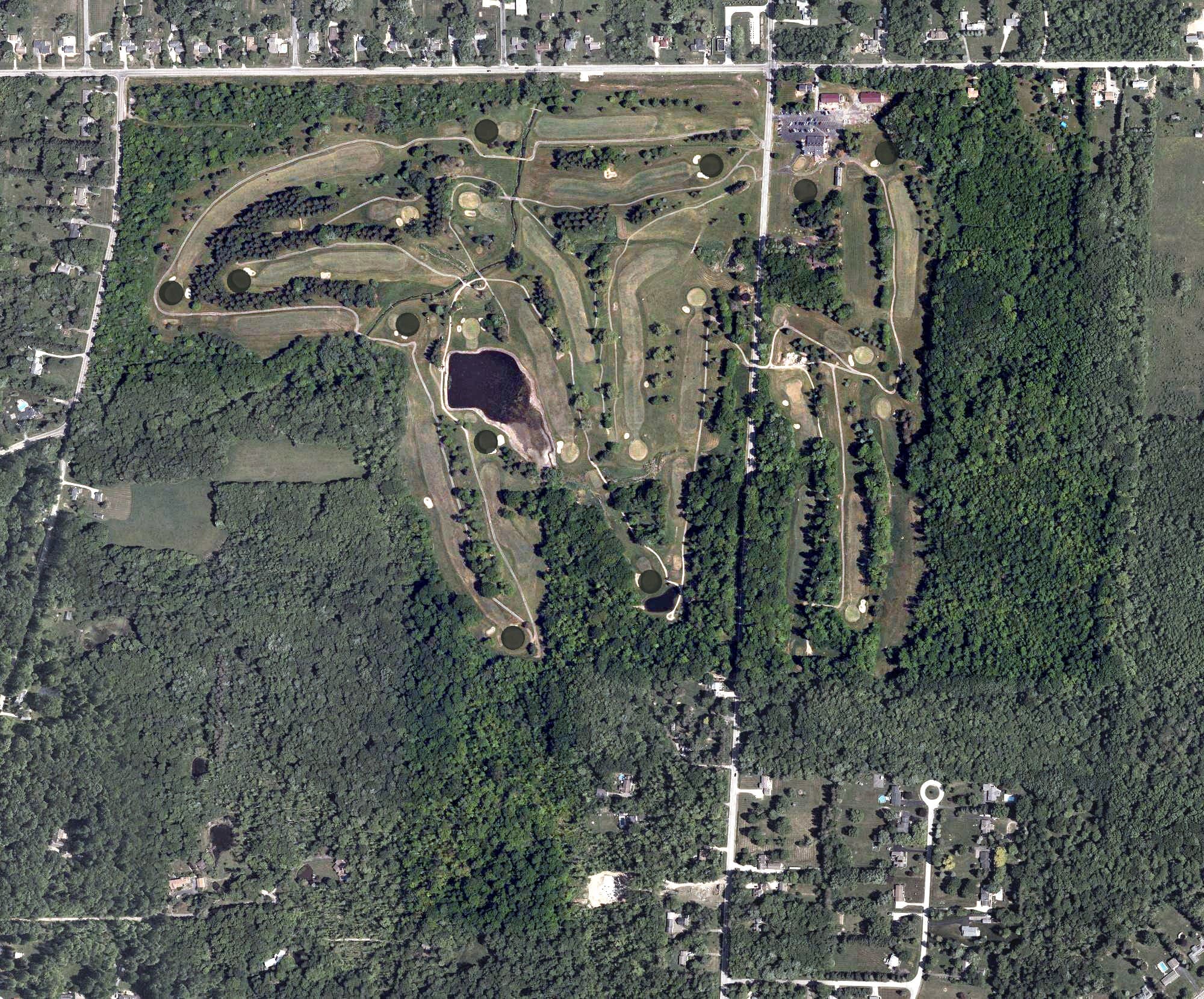 Aerial view of Legend Lake Golf Course, OH, with its hole routing marked