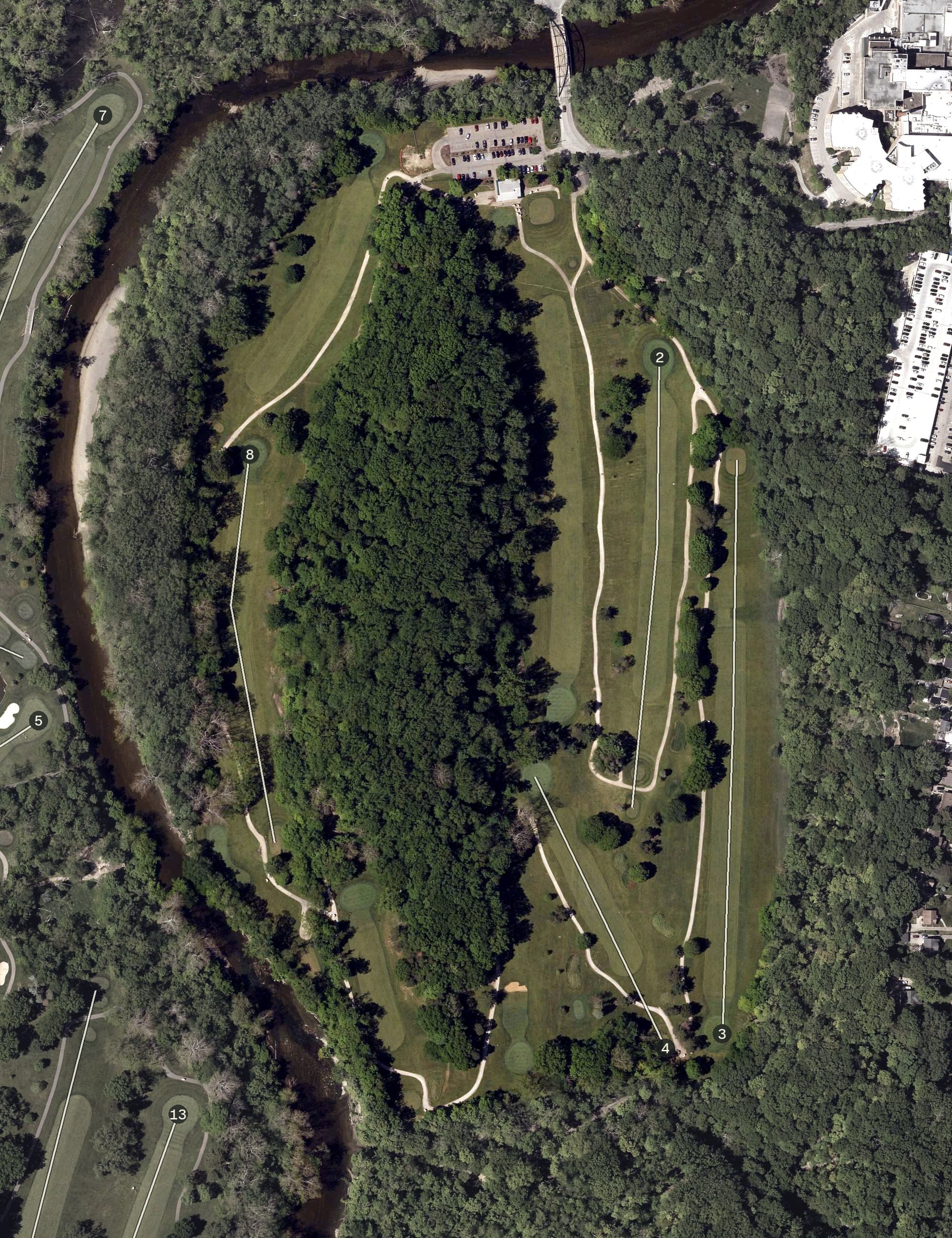 Aerial view of Little Met Golf Course, OH, with its hole routing marked