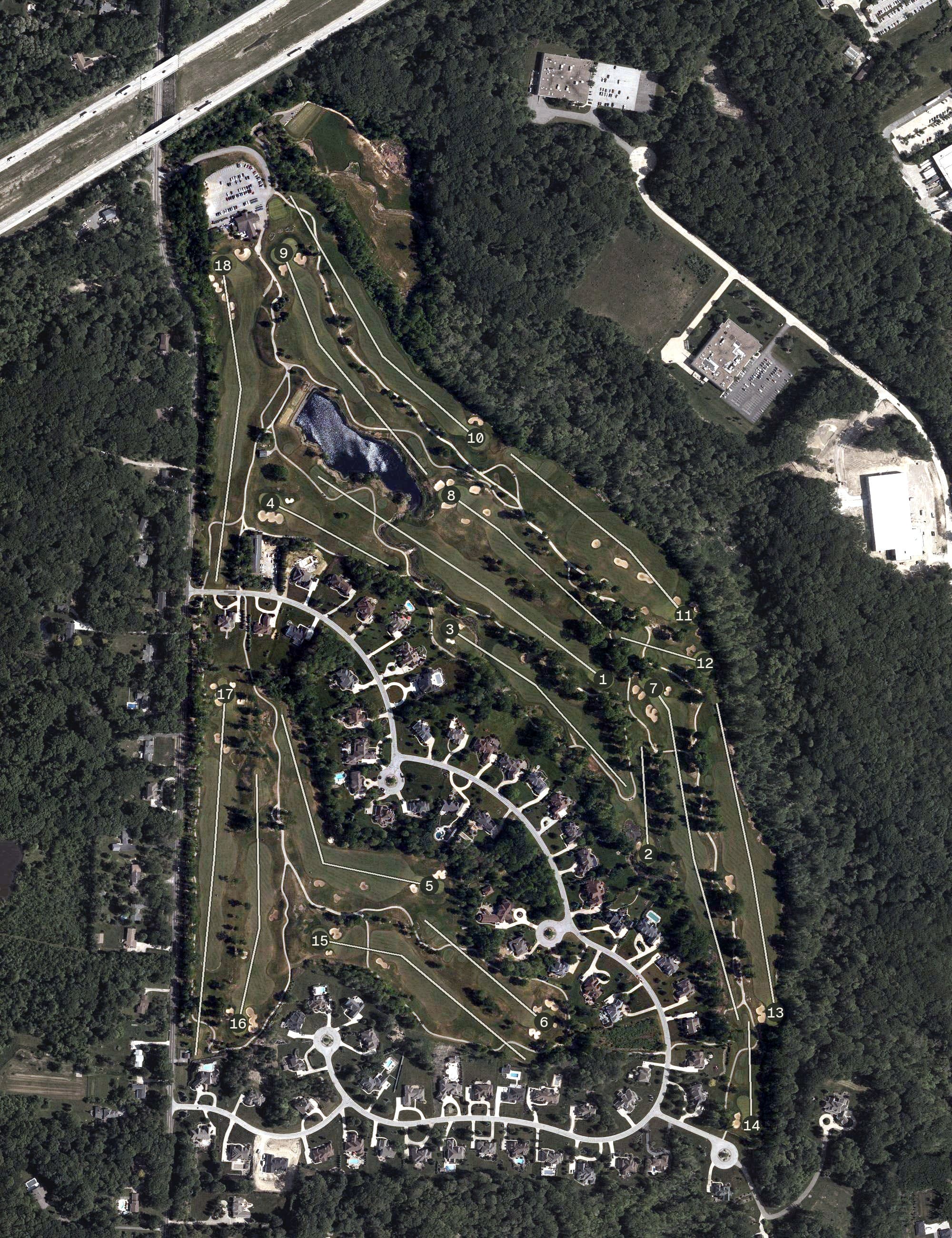 Aerial view of Little Mountain Country Club, OH, with its hole routing marked
