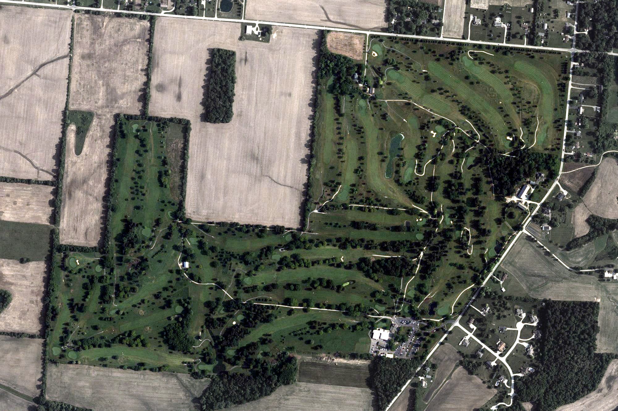 Aerial view of Locust Hills Golf Course, OH, with its hole routing marked
