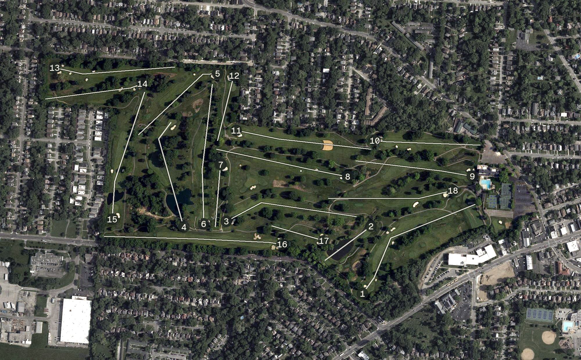 Aerial view of Losantiville Country Club, OH, with its hole routing marked