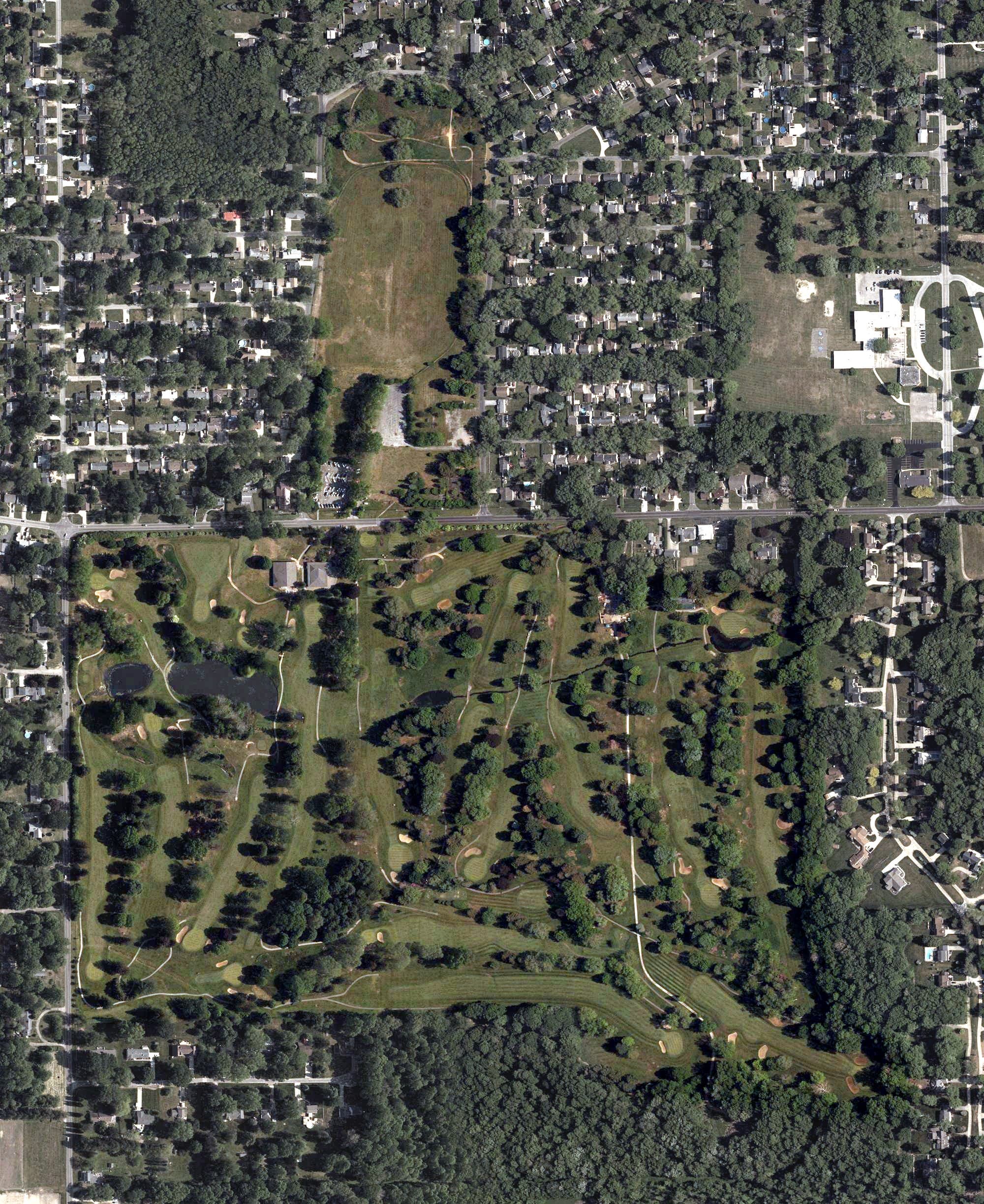 Aerial view of Madison Country Club, OH, with its hole routing marked