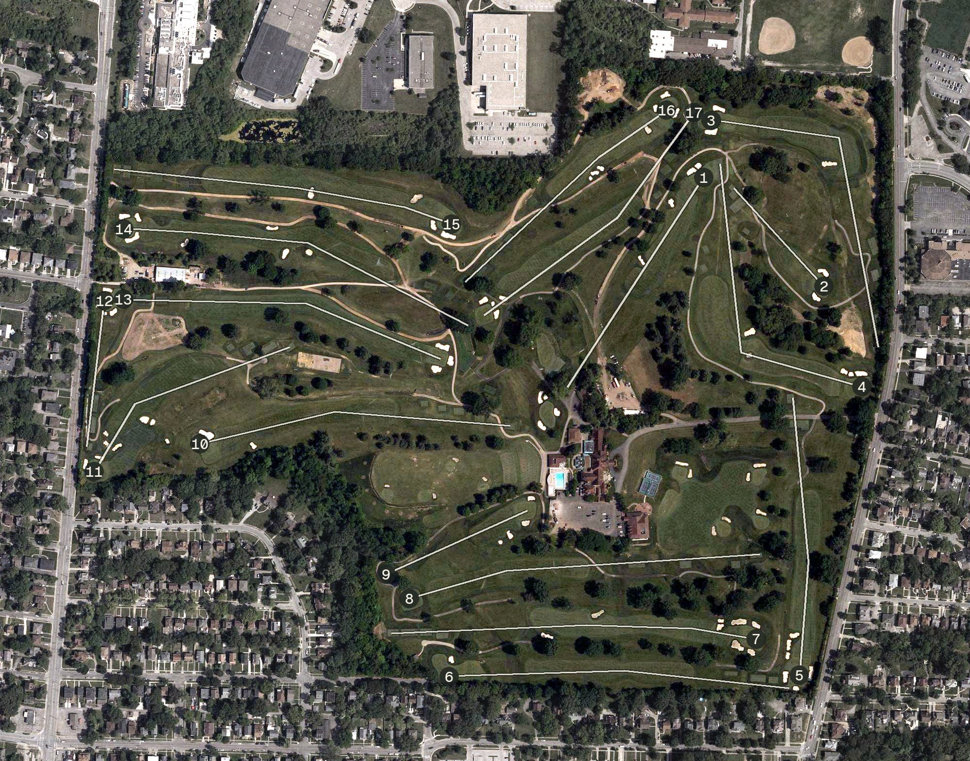 Aerial view of Maketewah Country Club, OH, with its hole routing marked
