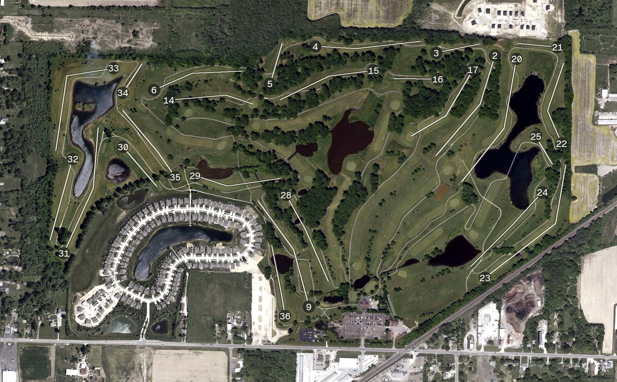 Aerial view of Mallard Creek Golf Club, OH, with its hole routing marked
