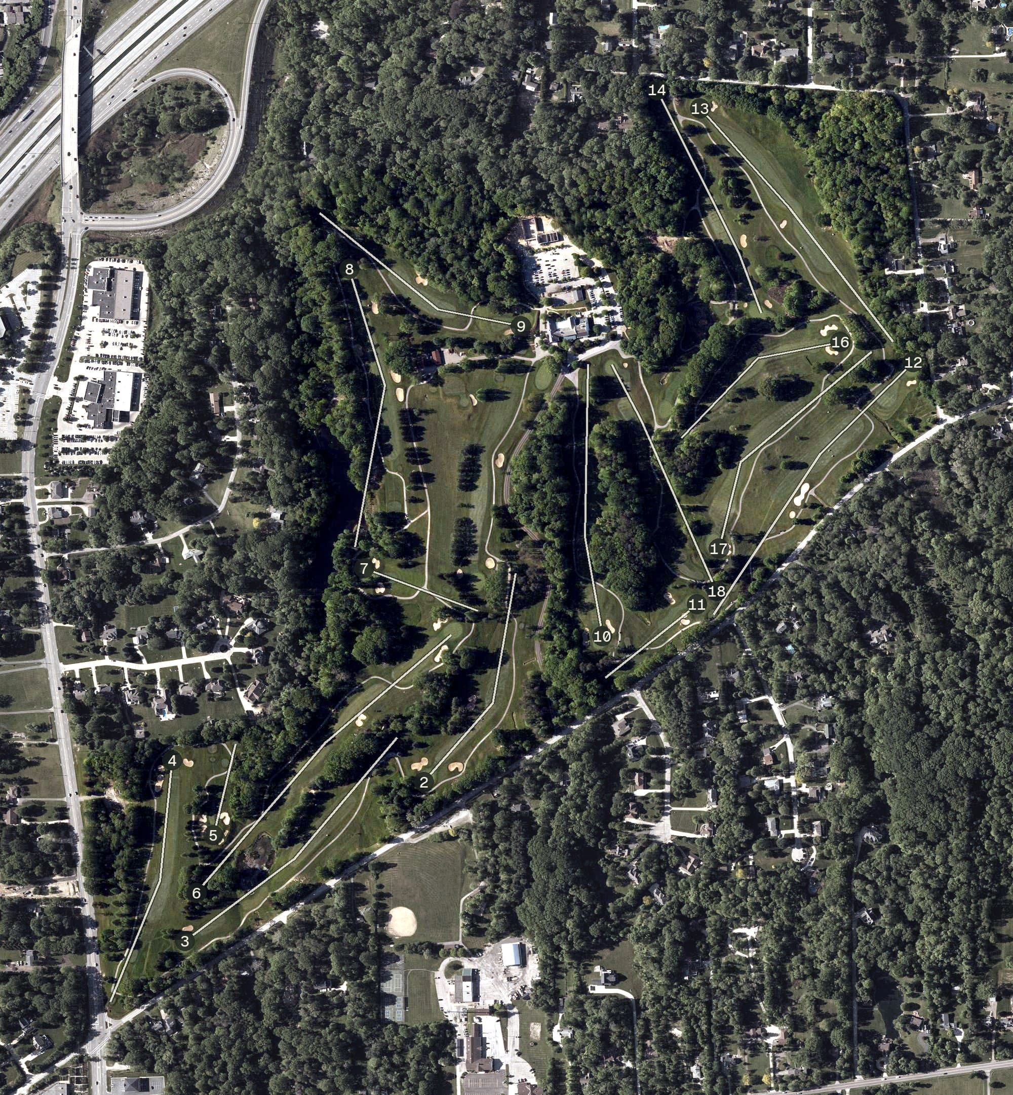 Aerial view of Manakiki Golf Course, OH, with its hole routing marked