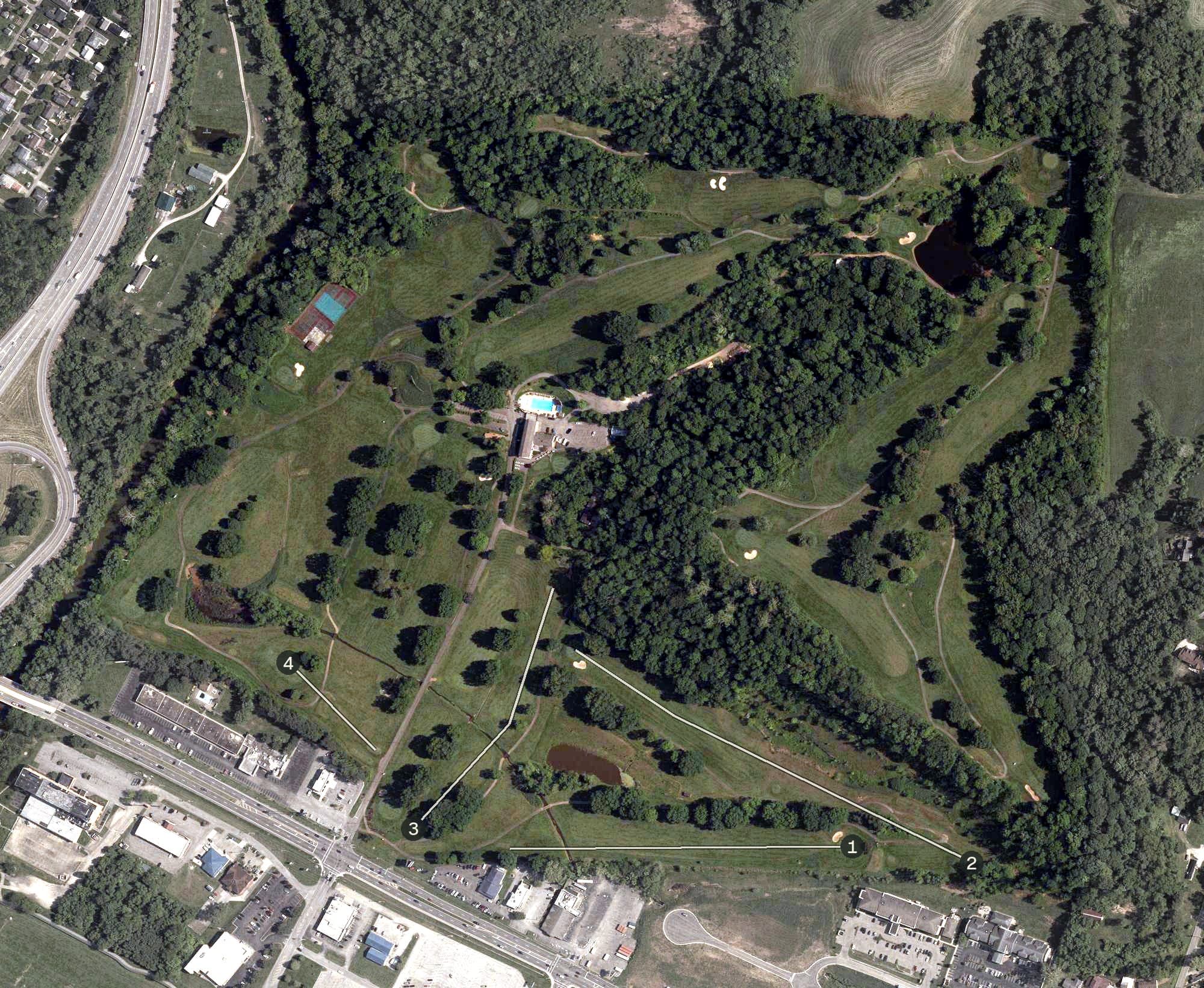 Aerial view of Marietta Country Club, OH, with its hole routing marked