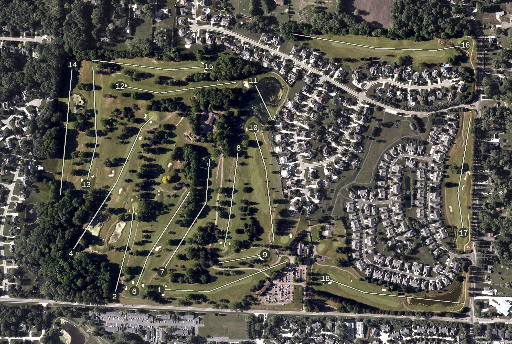Aerial view of Mayfair Country Club, OH, with its hole routing marked