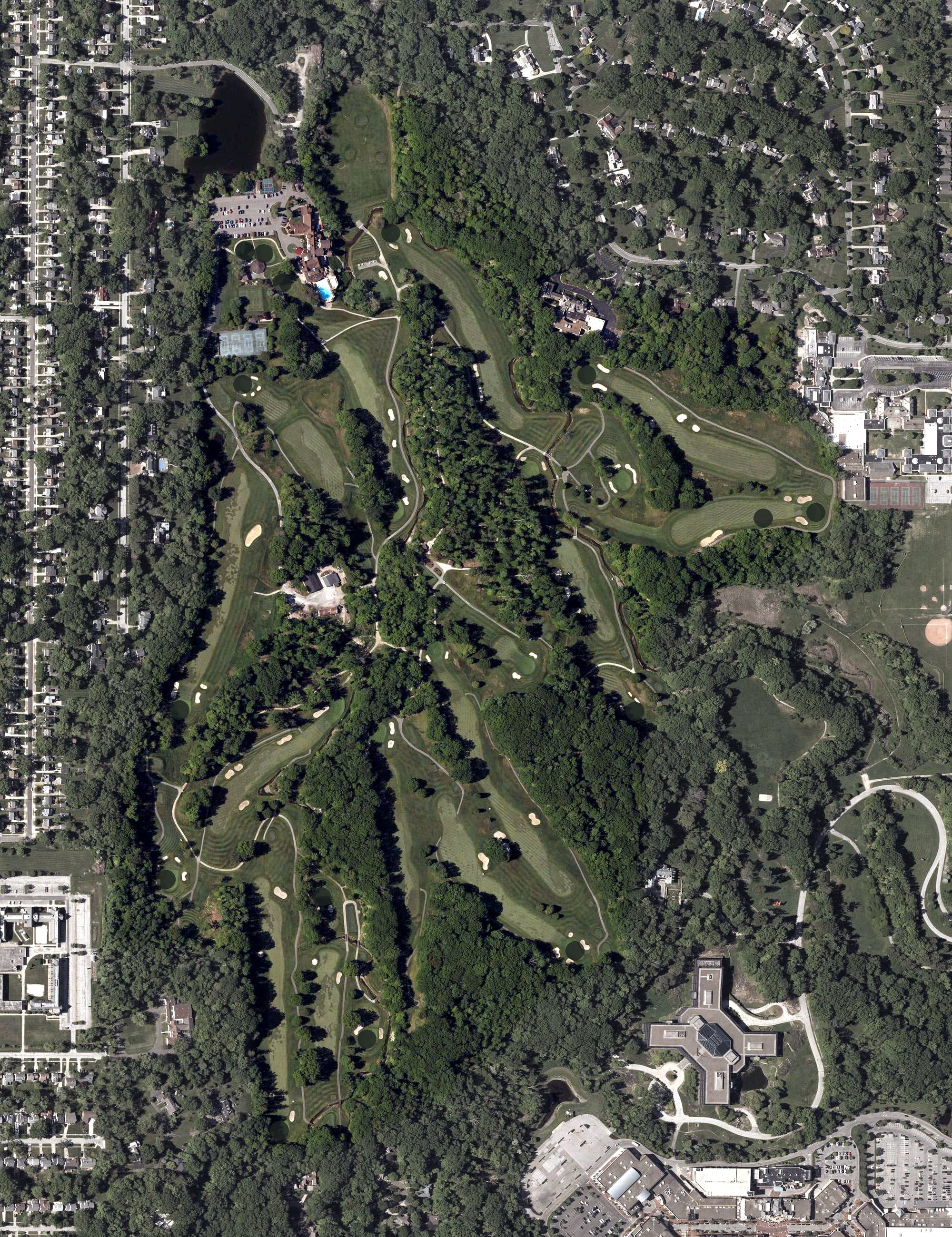 Aerial view of Mayfield Sand Ridge Club, OH, with its hole routing marked
