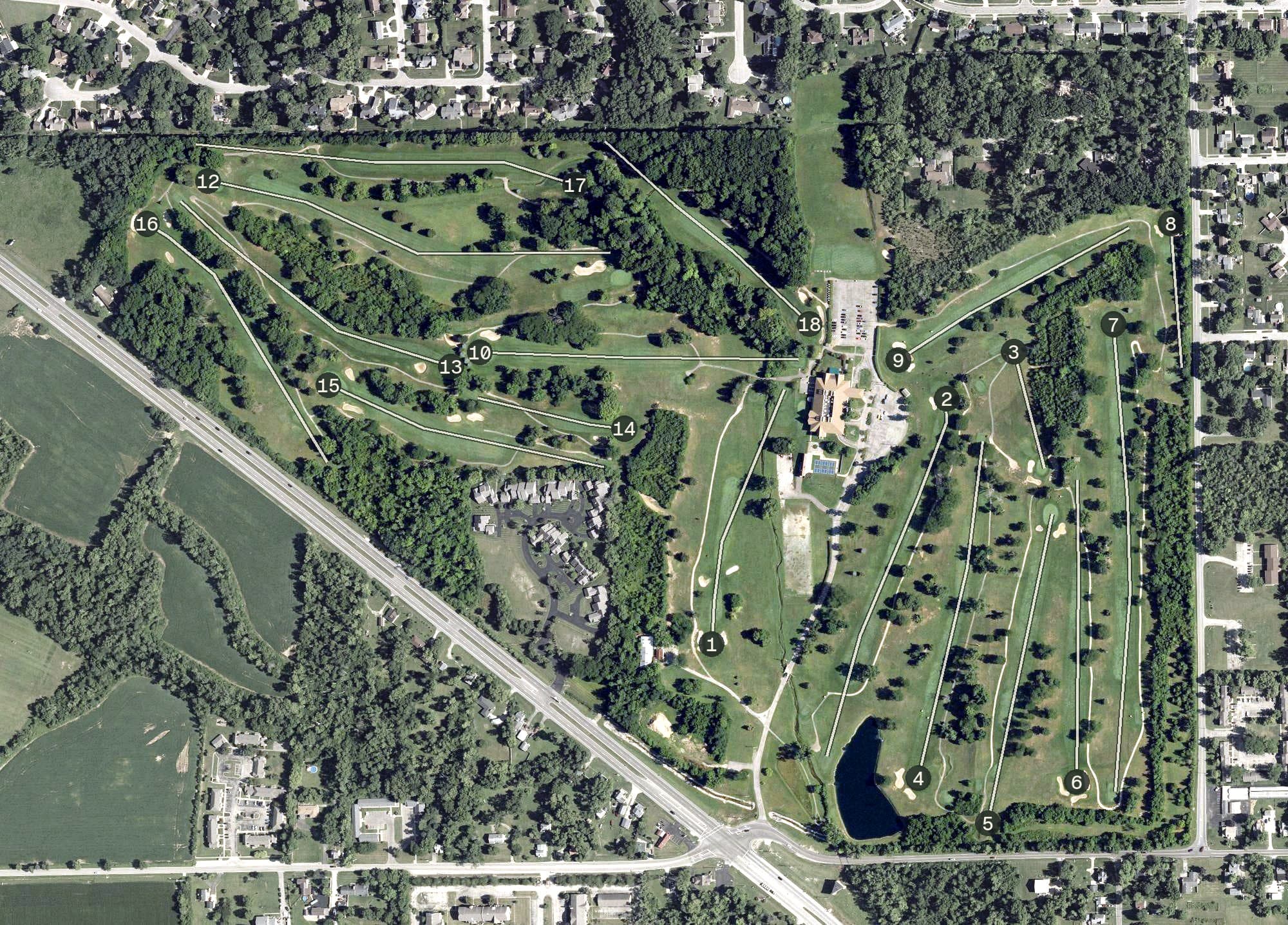 Aerial view of Meadowbrook at Clayton, OH, with its hole routing marked