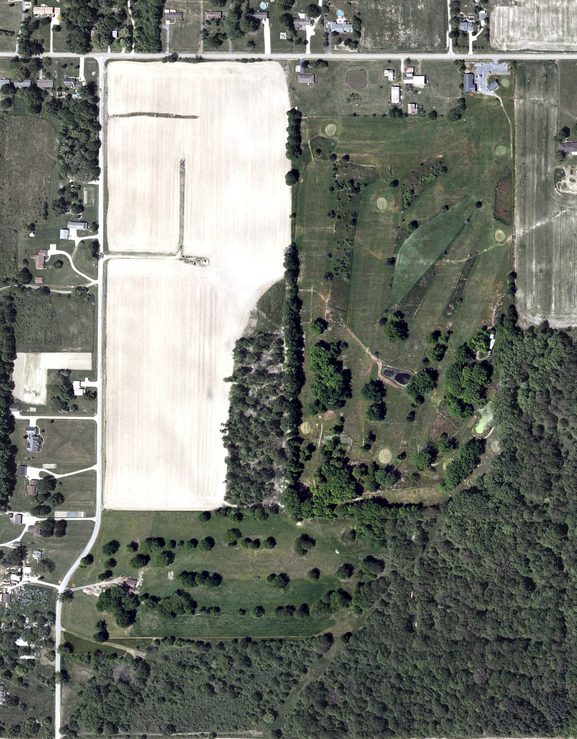 Aerial view of Meander Golf Course, OH, with its hole routing marked