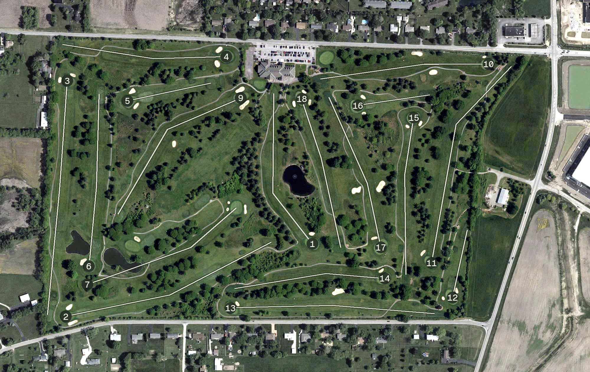 Aerial view of Mentel Memorial Golf Course, OH, with its hole routing marked
