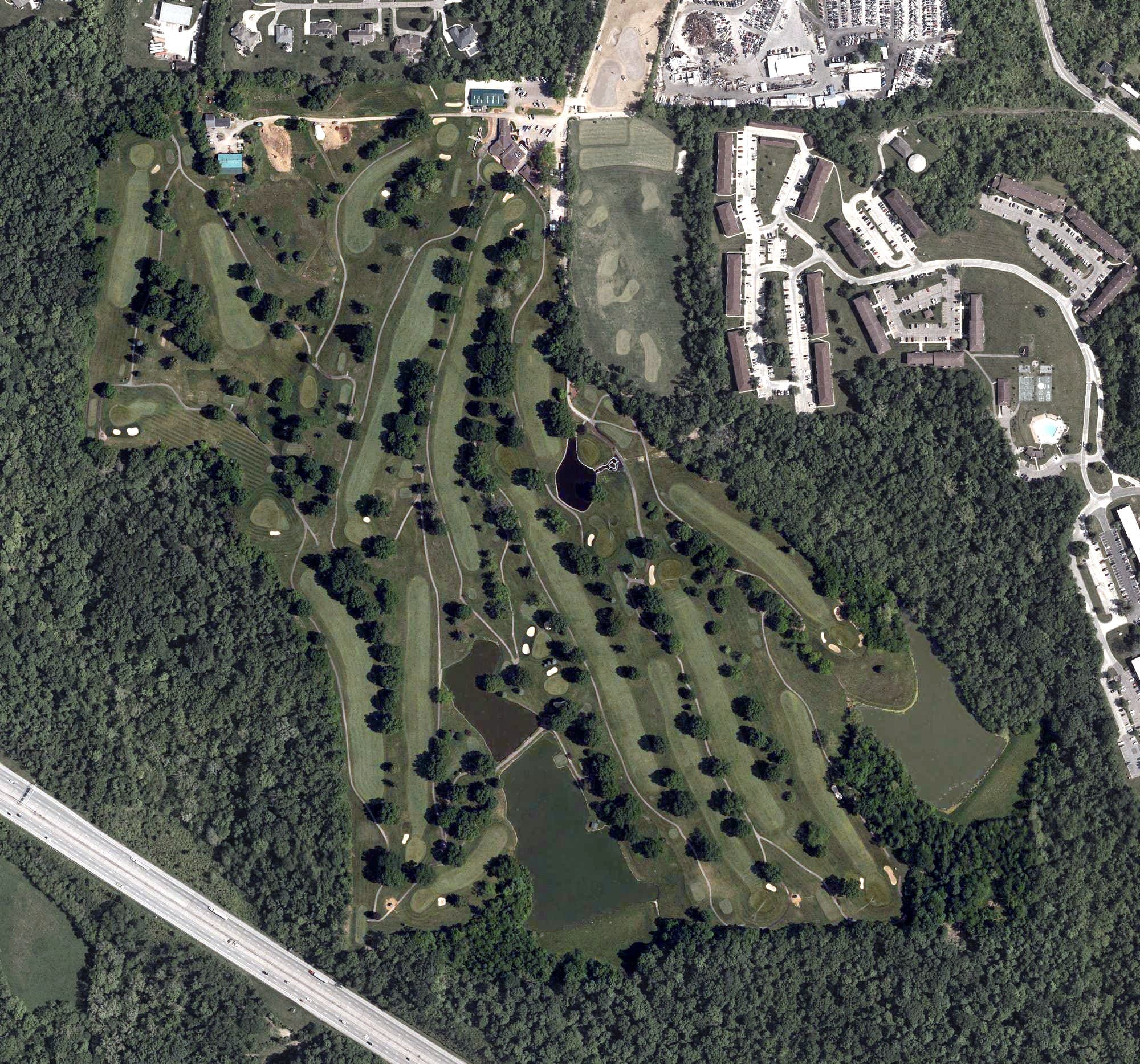 Aerial view of Miamiview Golf Course, OH, with its hole routing marked