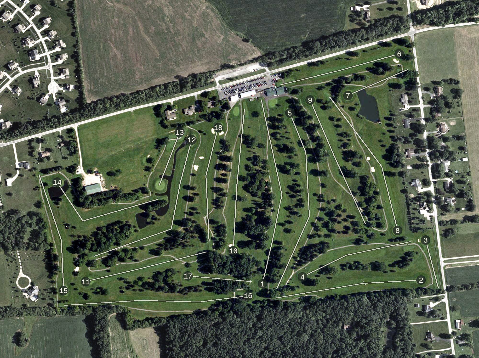 Aerial view of Mill Creek Golf Club, OH, with its hole routing marked