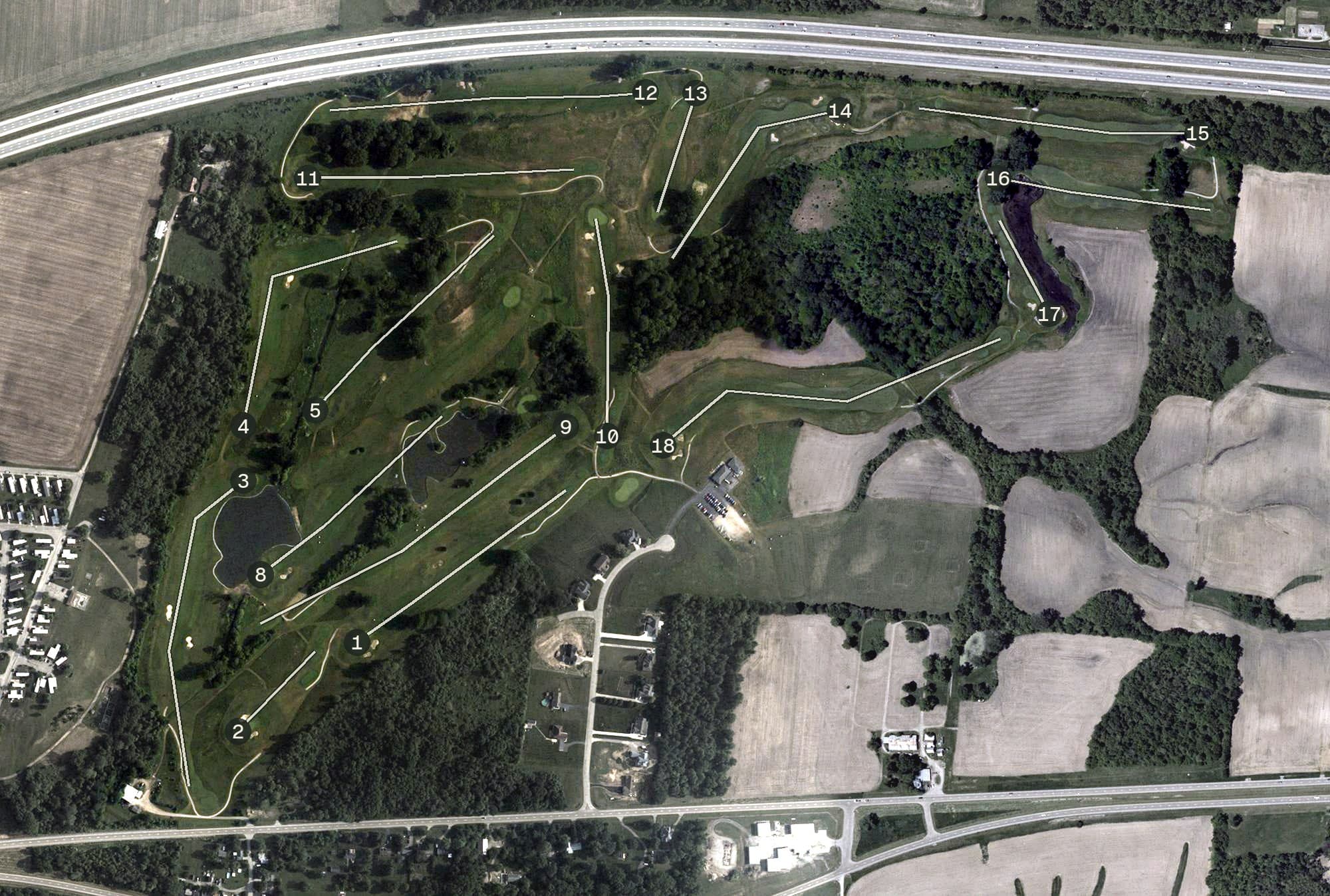 Aerial view of National Golf Links, OH, with its hole routing marked