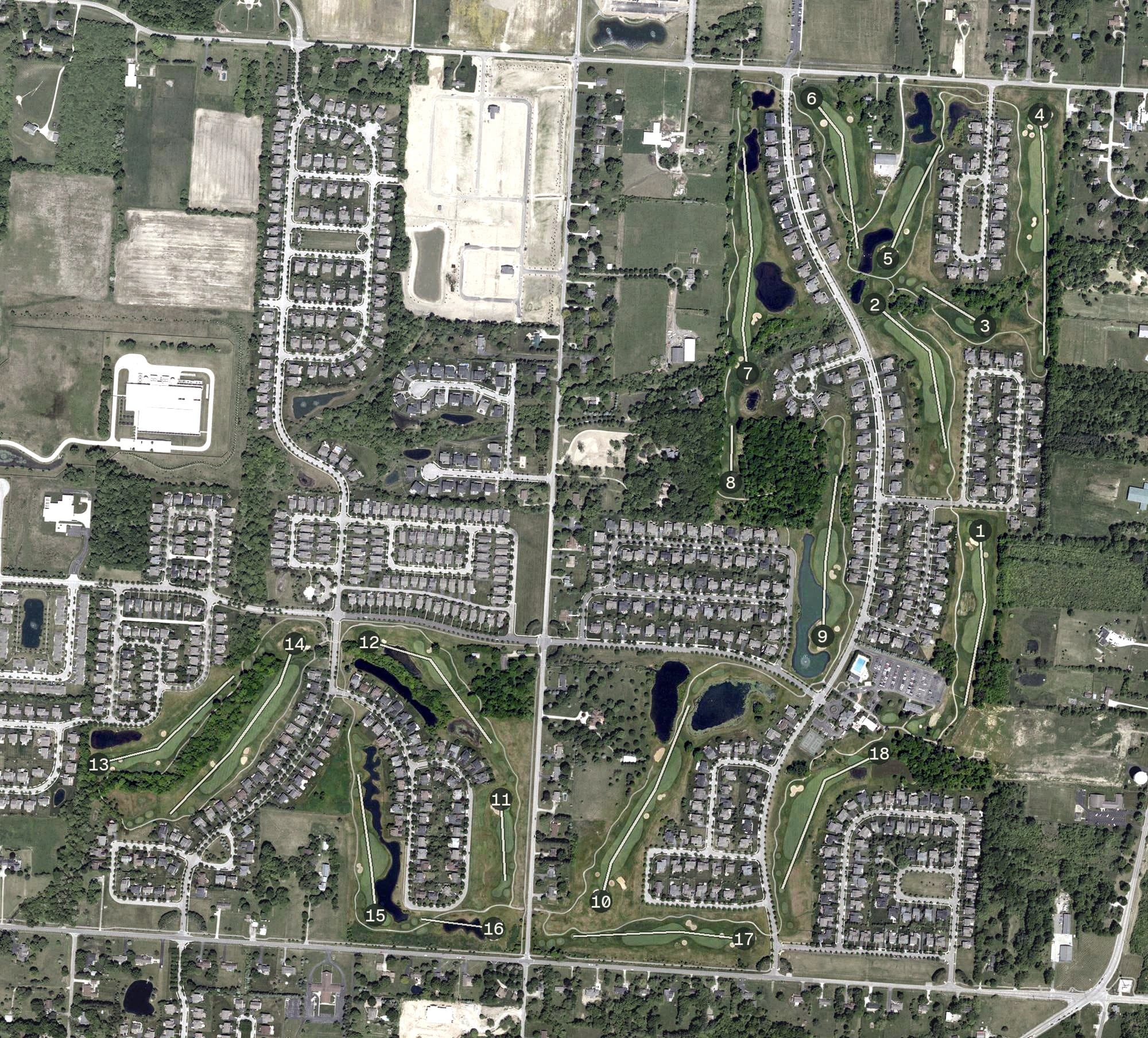 Aerial view of New Albany Links Golf Club, OH, with its hole routing marked
