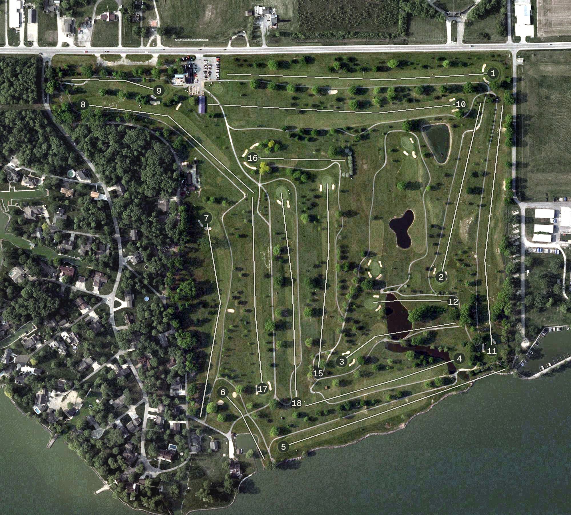 Aerial view of Northmoor Golf Course, OH, with its hole routing marked