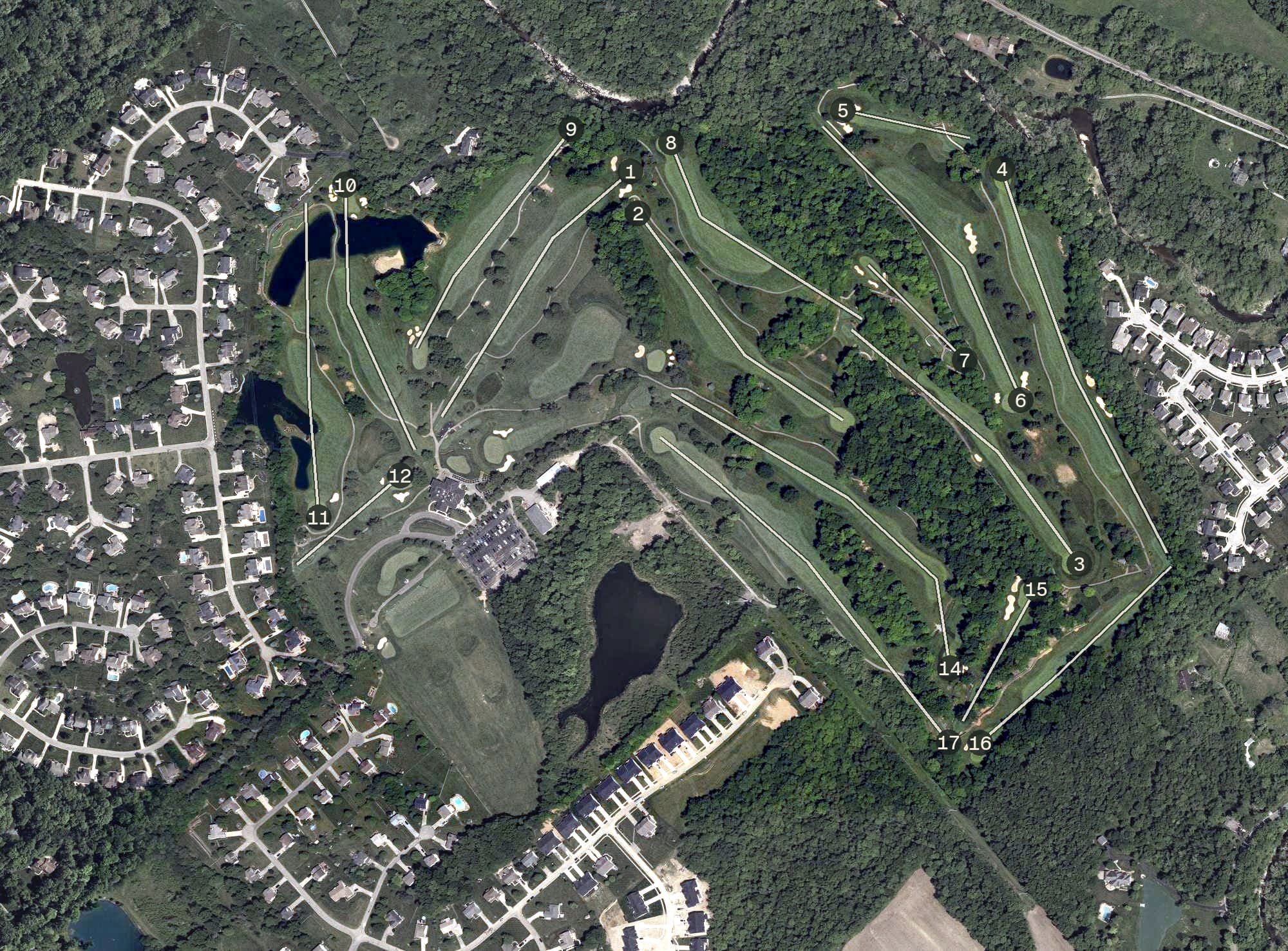 Aerial view of O’Bannon Creek Golf Club, OH, with its hole routing marked