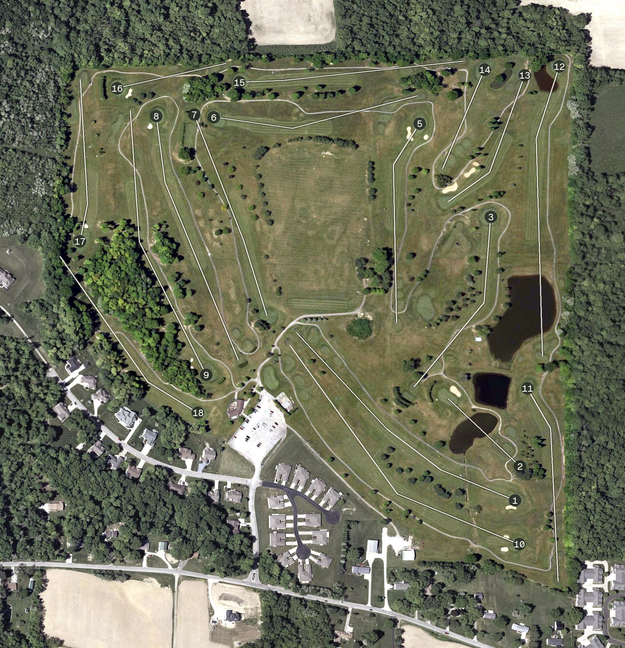 Aerial view of Oaktree Golf Club, OH, with its hole routing marked