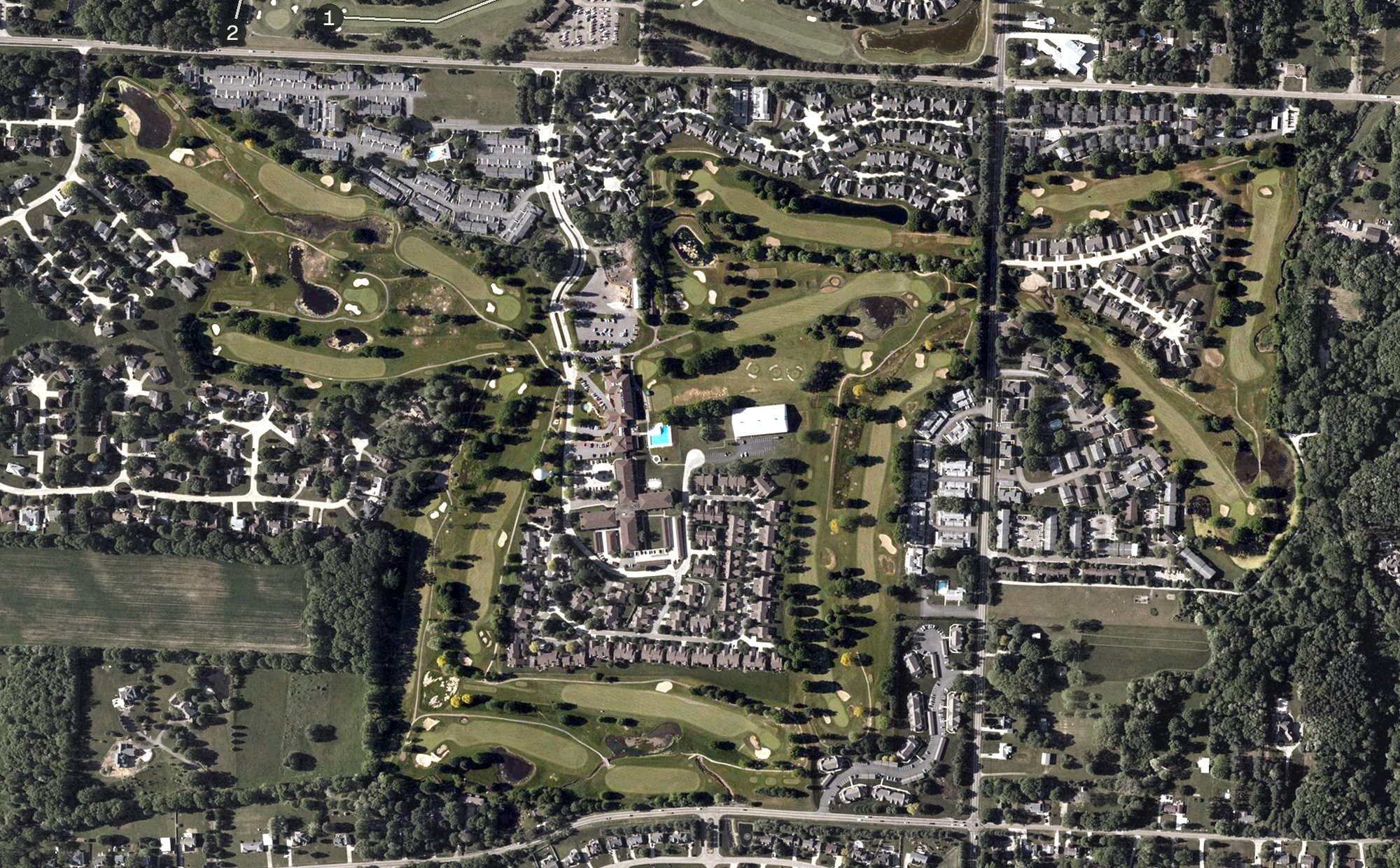 Aerial view of Ohio Prestwick Country Club, OH, with its hole routing marked