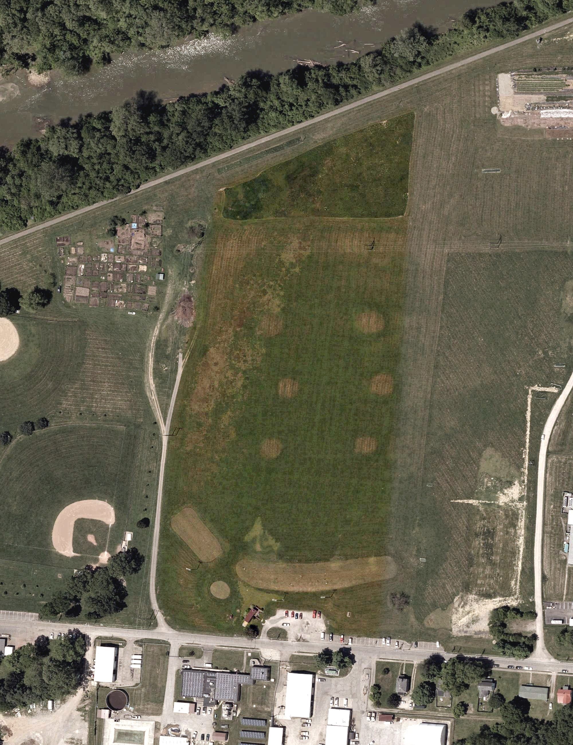 Aerial view of Ohio University Driving Range, OH, with its hole routing marked
