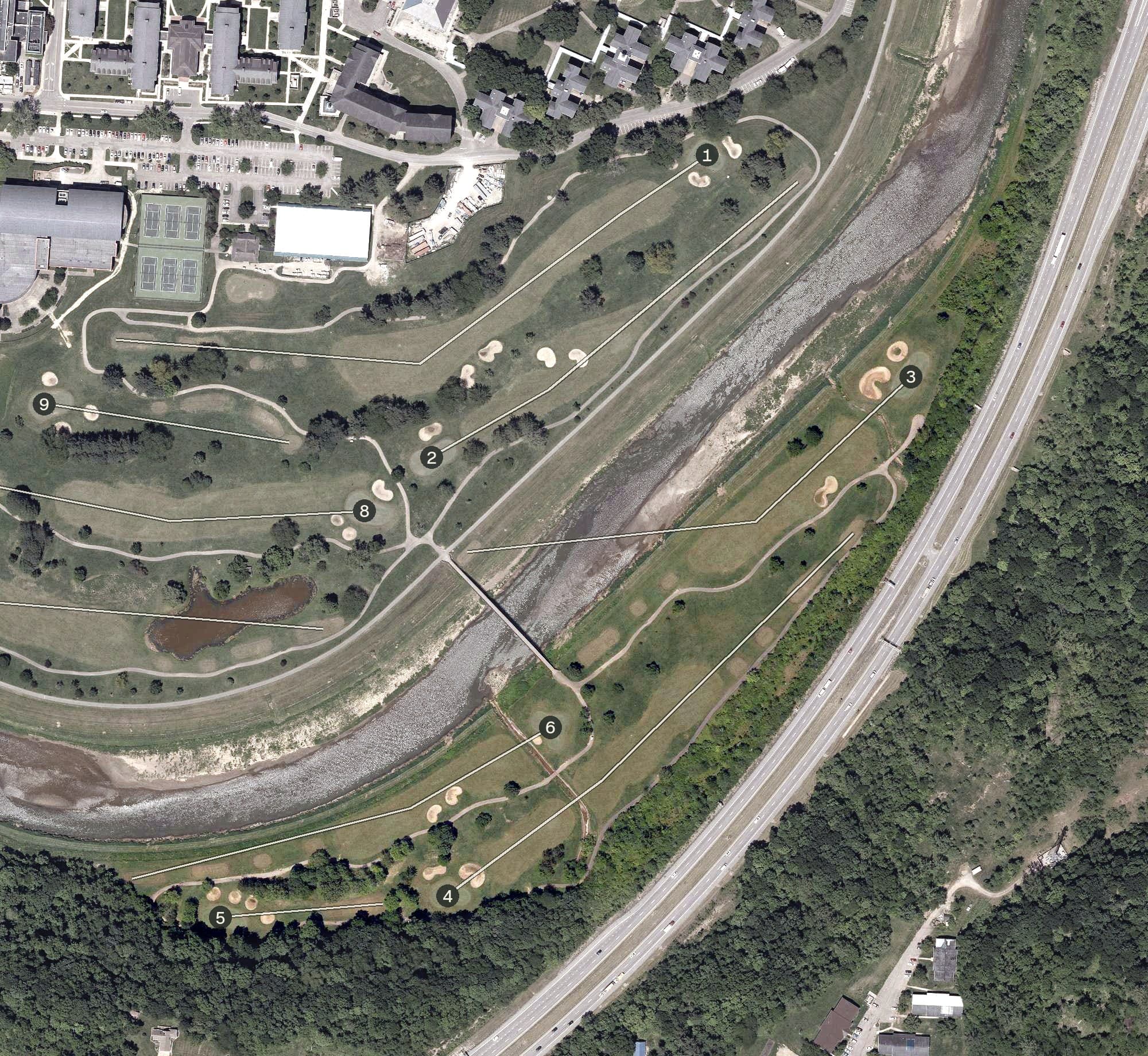 Aerial view of Ohio University Golf Course, OH, with its hole routing marked