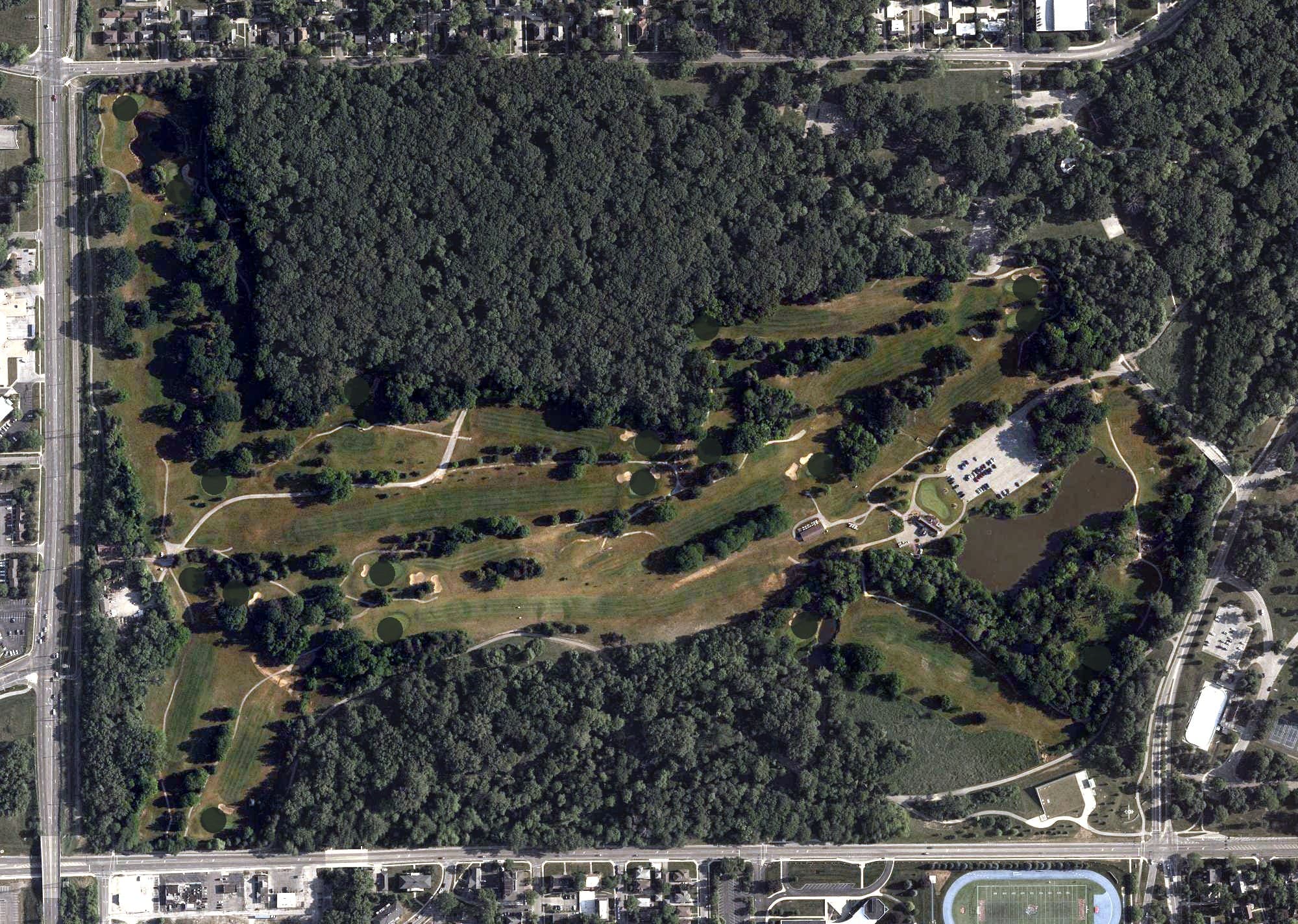 Aerial view of Ottawa Park Golf Course, OH, with its hole routing marked