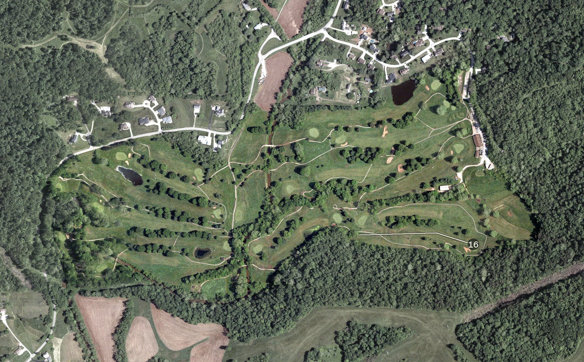Aerial view of Oxbow Golf Course, OH, with its hole routing marked
