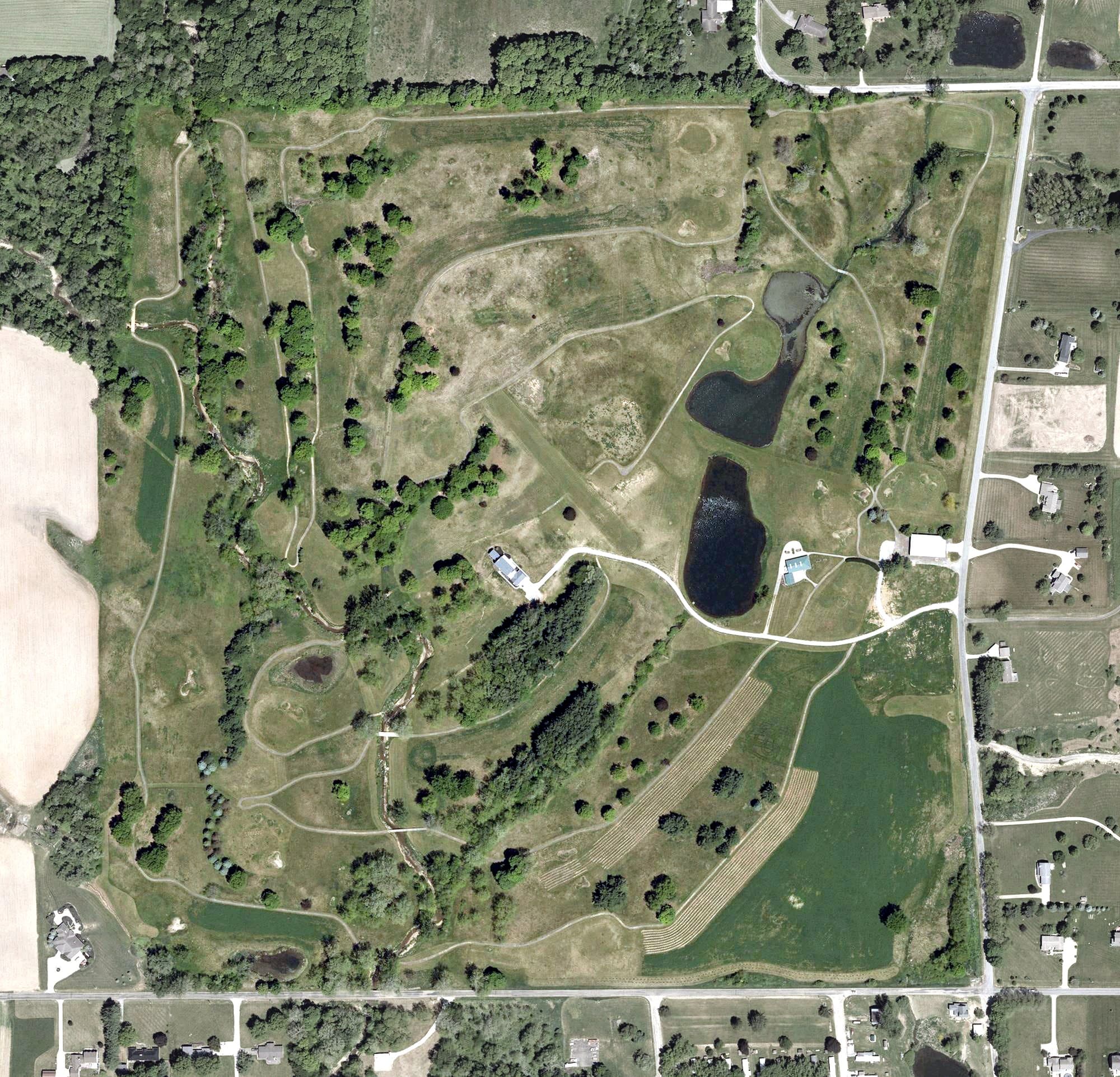 Aerial view of Pebble Creek Golf Club, OH, with its hole routing marked