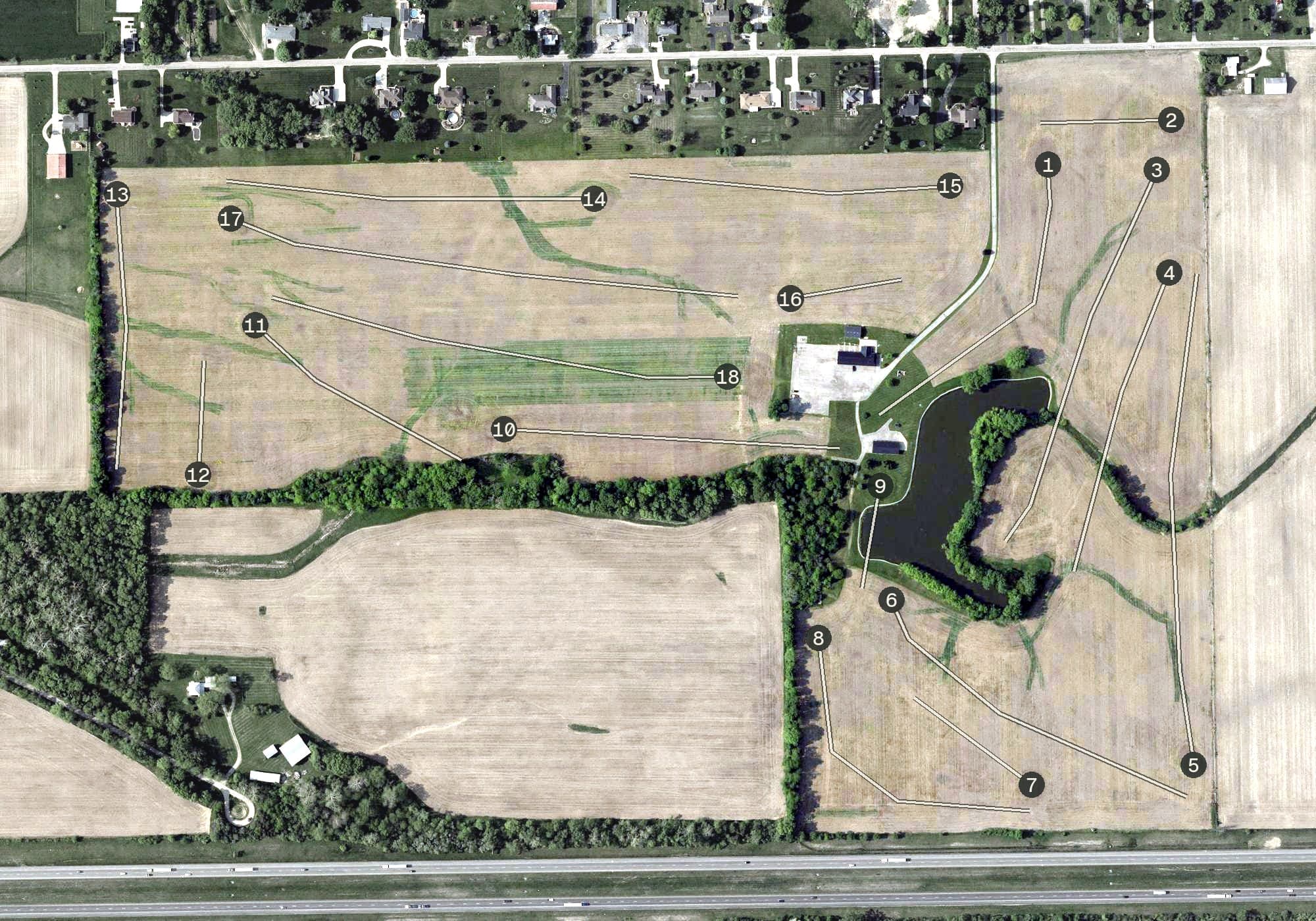 Aerial view of Penn Terra Golf Course, OH, with its hole routing marked