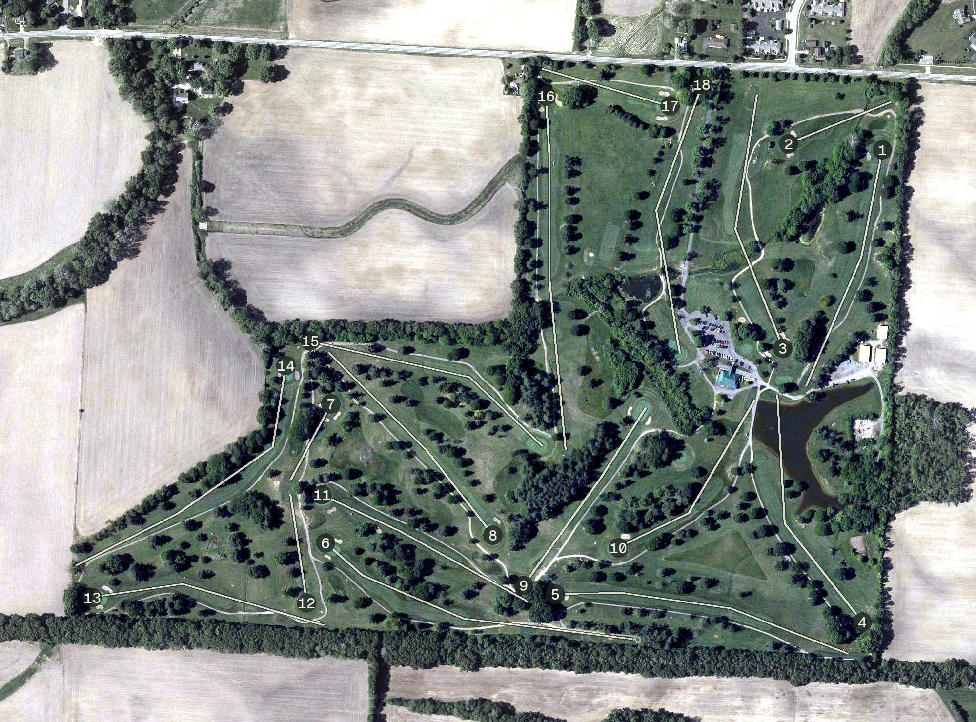 Aerial view of Pickaway Golf Course, OH, with its hole routing marked