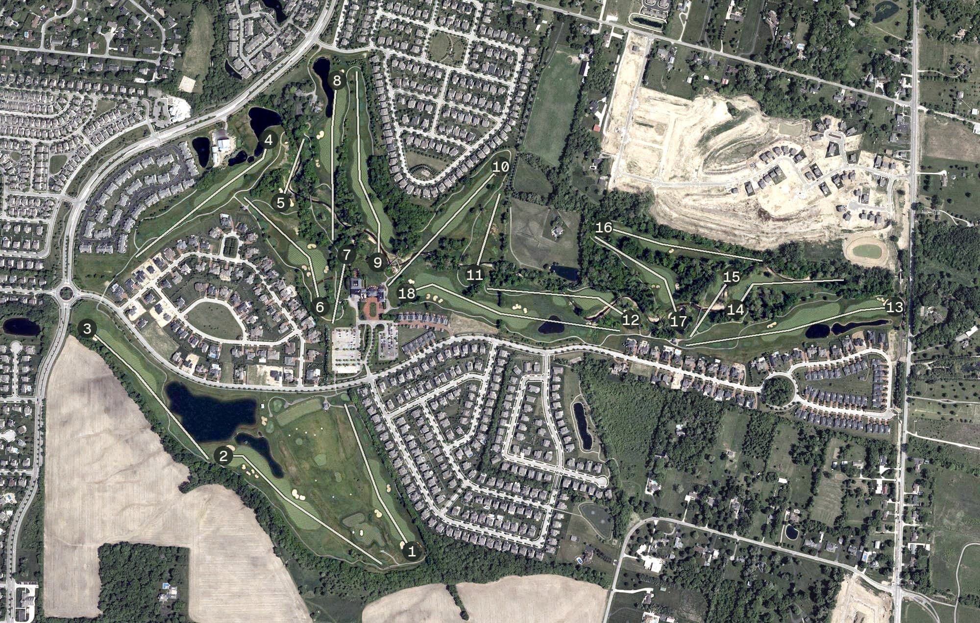 Aerial view of Pinnacle Golf Club, OH, with its hole routing marked