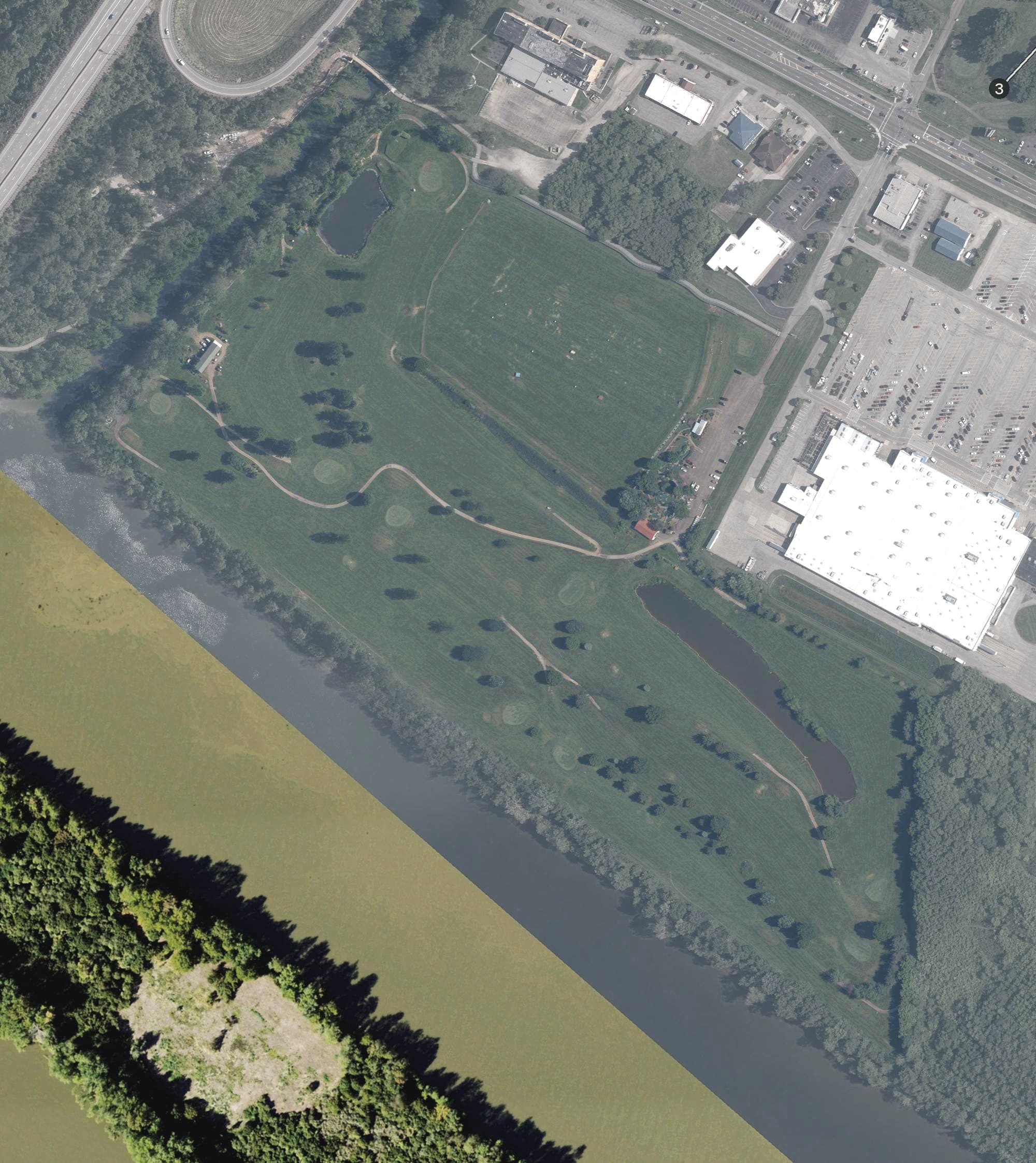 Aerial view of Pioneer Family Golf Center, OH, with its hole routing marked