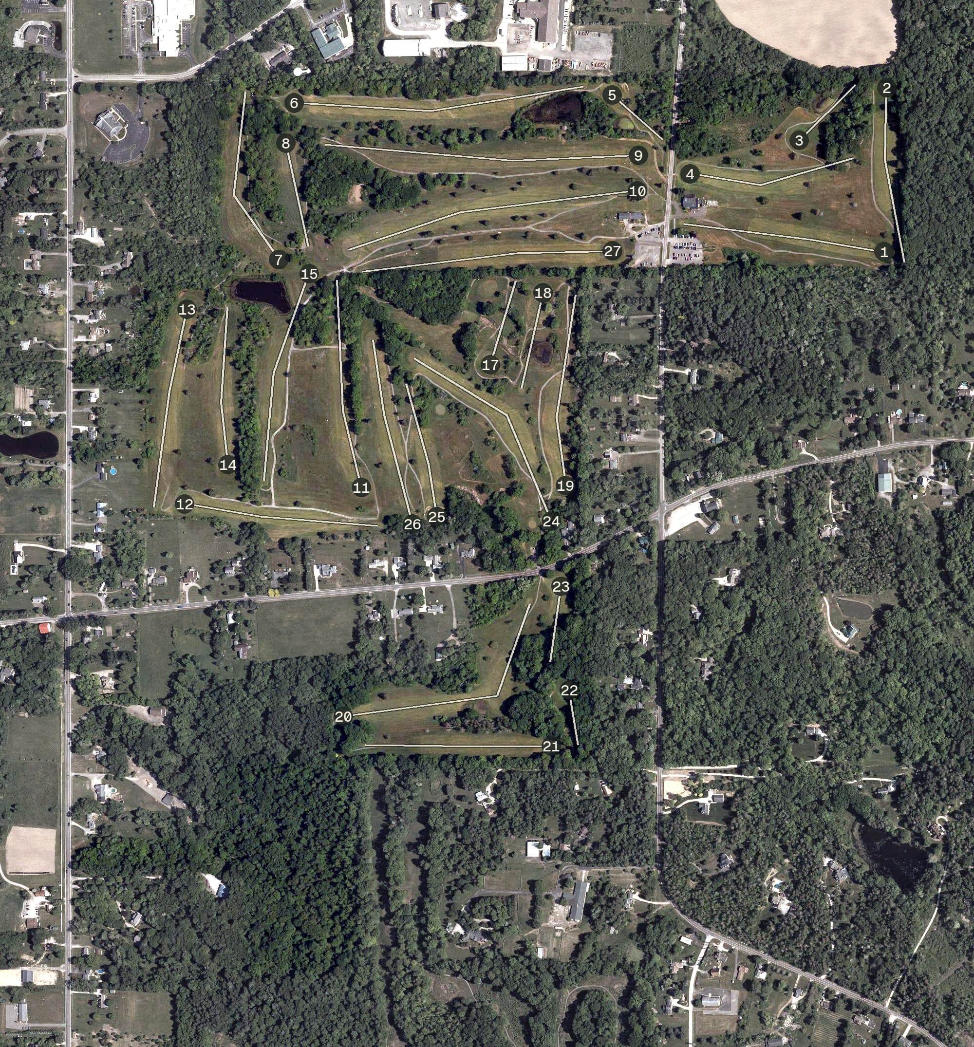 Aerial view of Pleasant Hill Golf Course, OH, with its hole routing marked