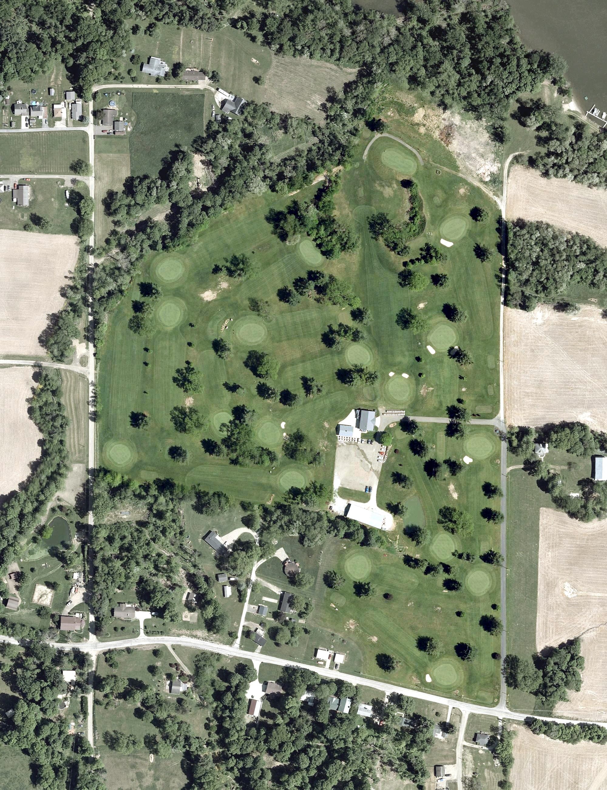 Aerial view of Pleasant Hill Golf Course, OH, with its hole routing marked