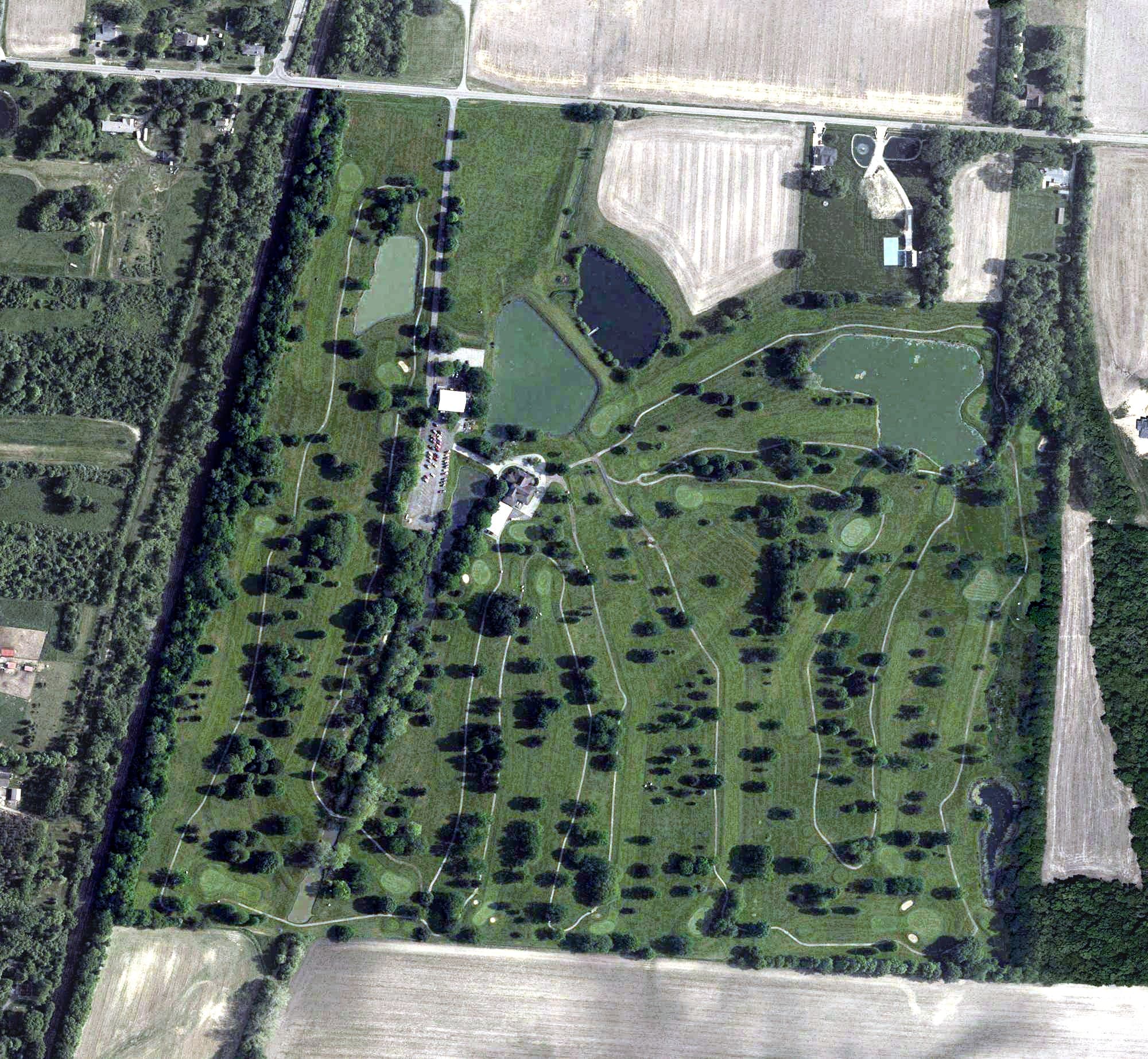 Aerial view of Pleasant Hill Golf Course, OH, with its hole routing marked