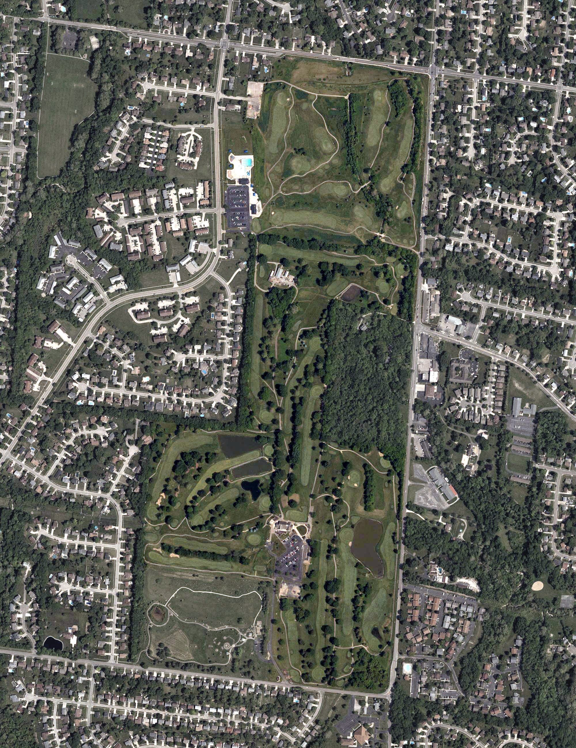 Aerial view of Pleasant Run Recreation Center, OH, with its hole routing marked