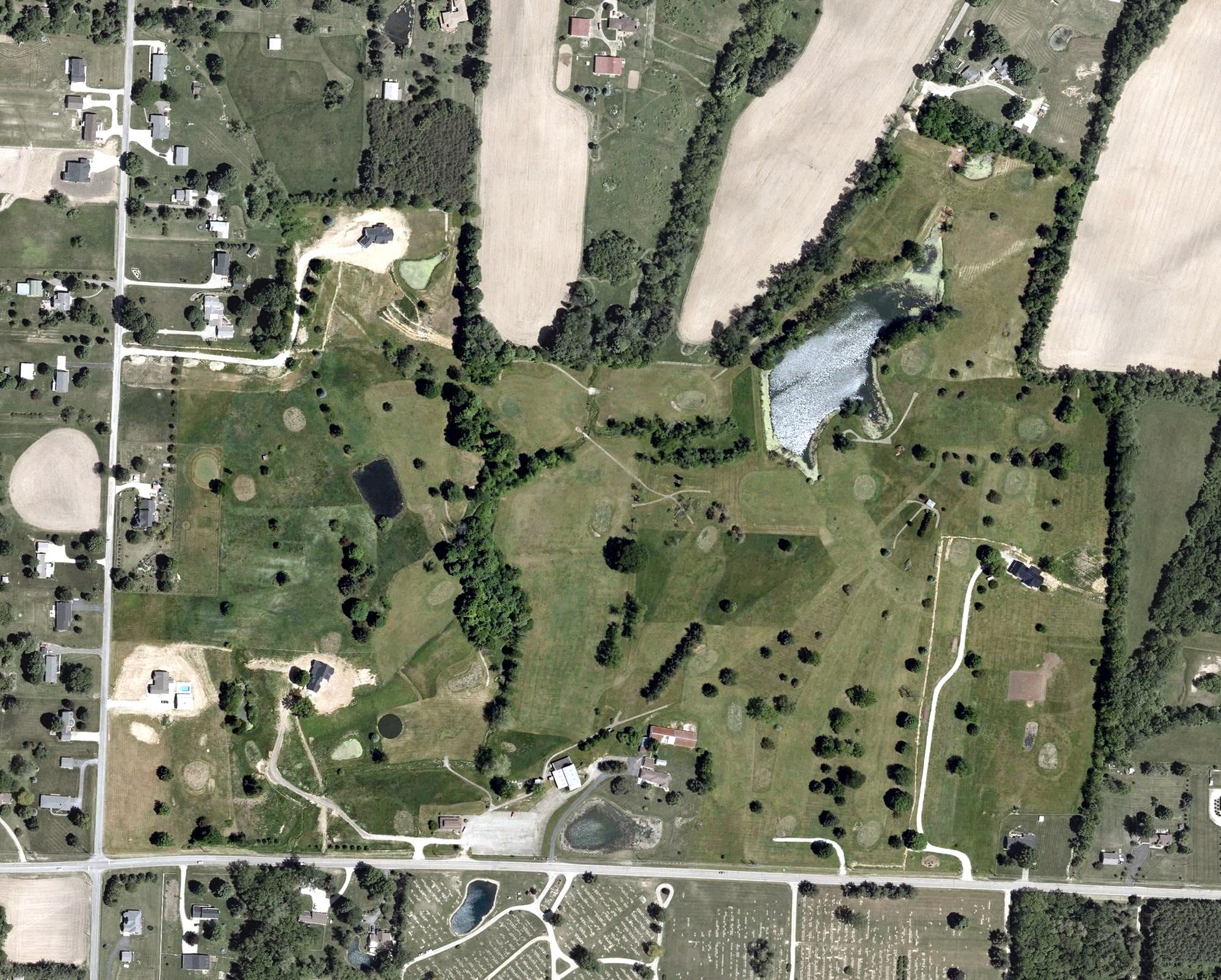 Aerial view of Pleasant Valley Golf Course, OH, with its hole routing marked