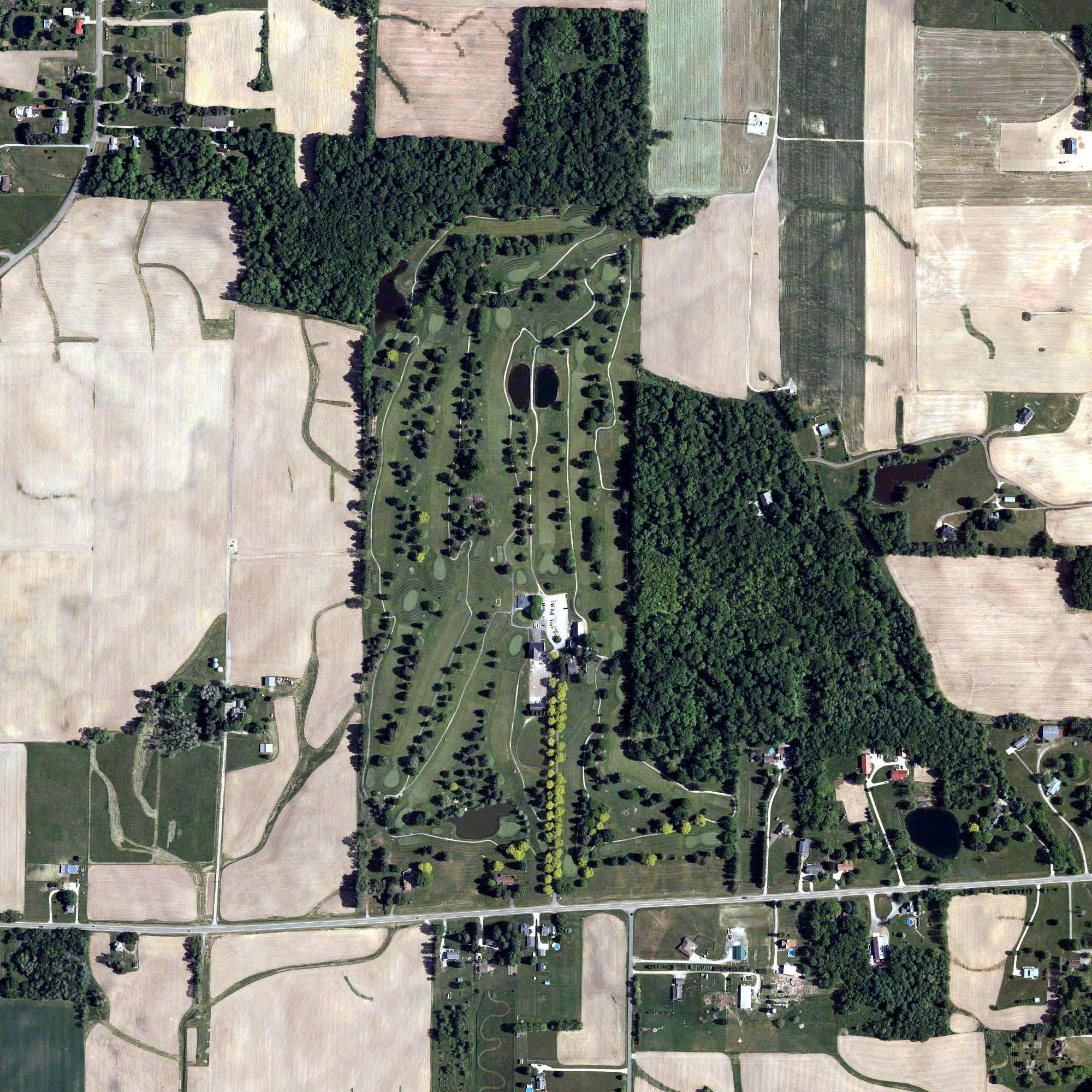 Aerial view of Pleasant View Golf Club, OH, with its hole routing marked