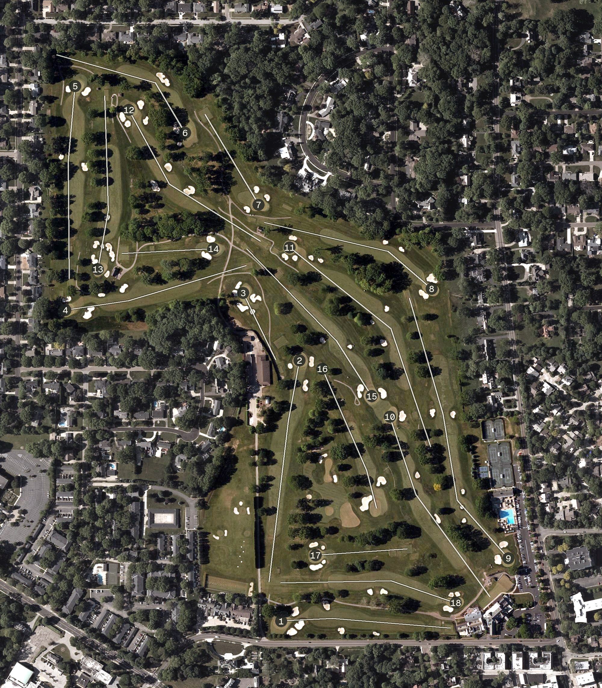 Aerial view of Portage Country Club, OH, with its hole routing marked