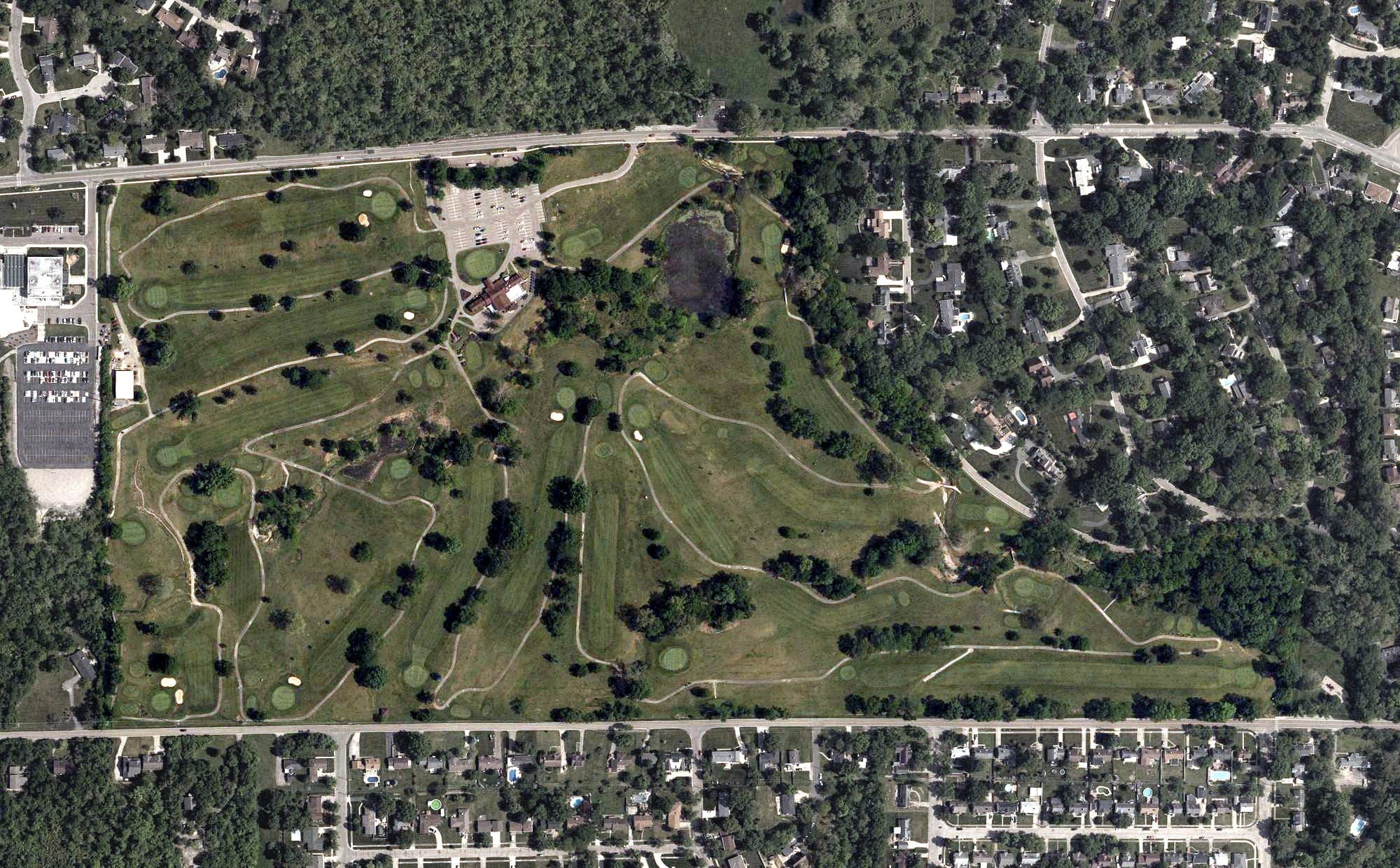 Aerial view of Potters Park Golf Course, OH, with its hole routing marked