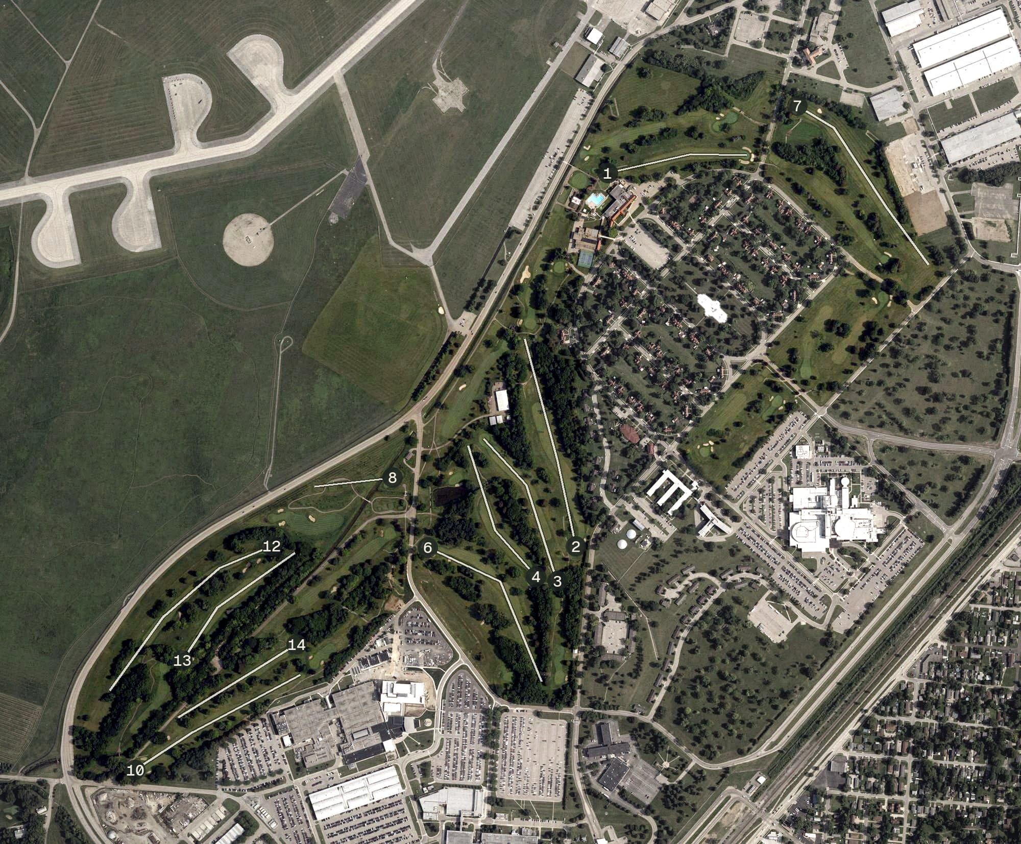 Aerial view of Prairie Trace Golf Club, OH, with its hole routing marked