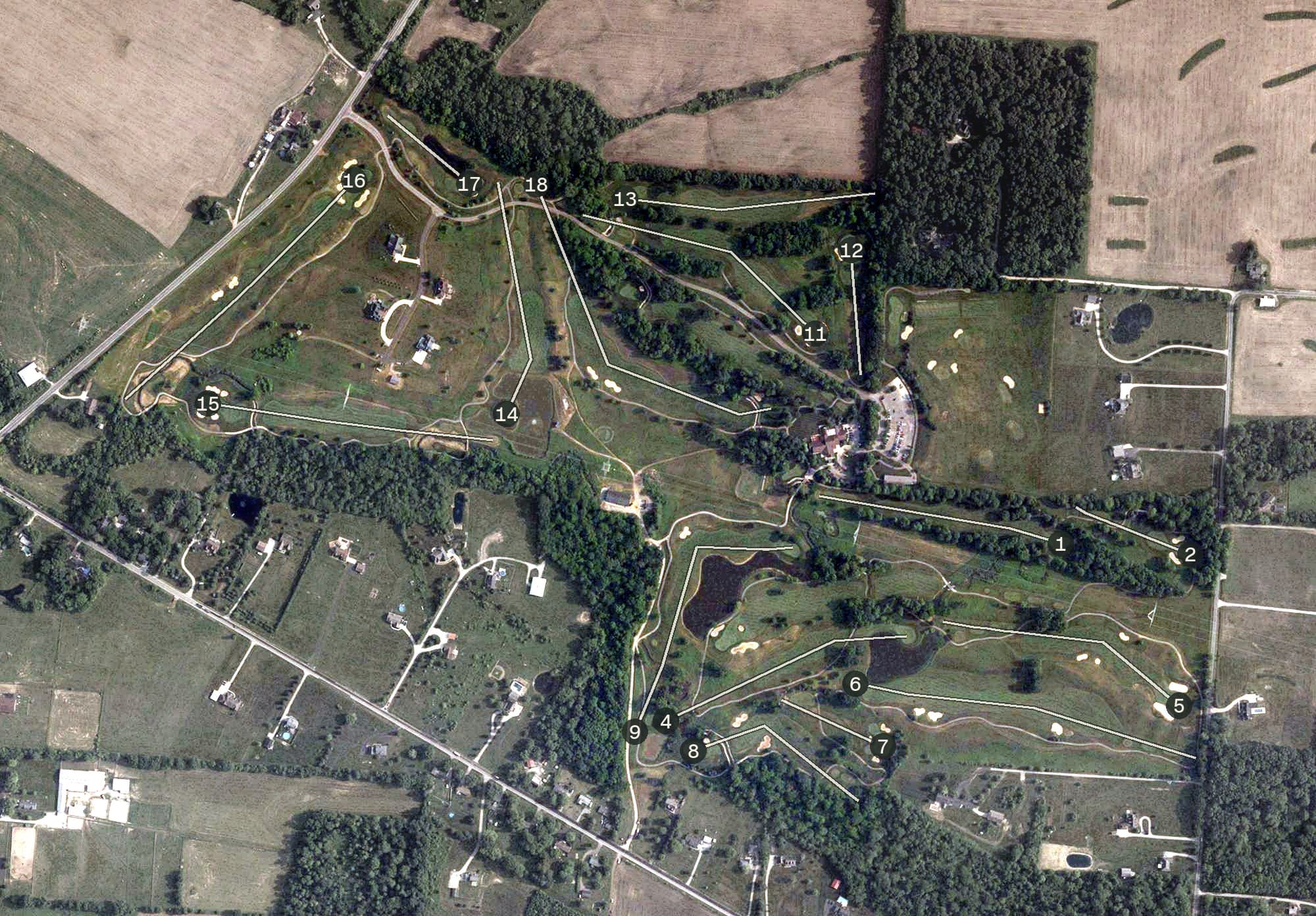 Aerial view of Rattlesnake Ridge Golf Club, OH, with its hole routing marked