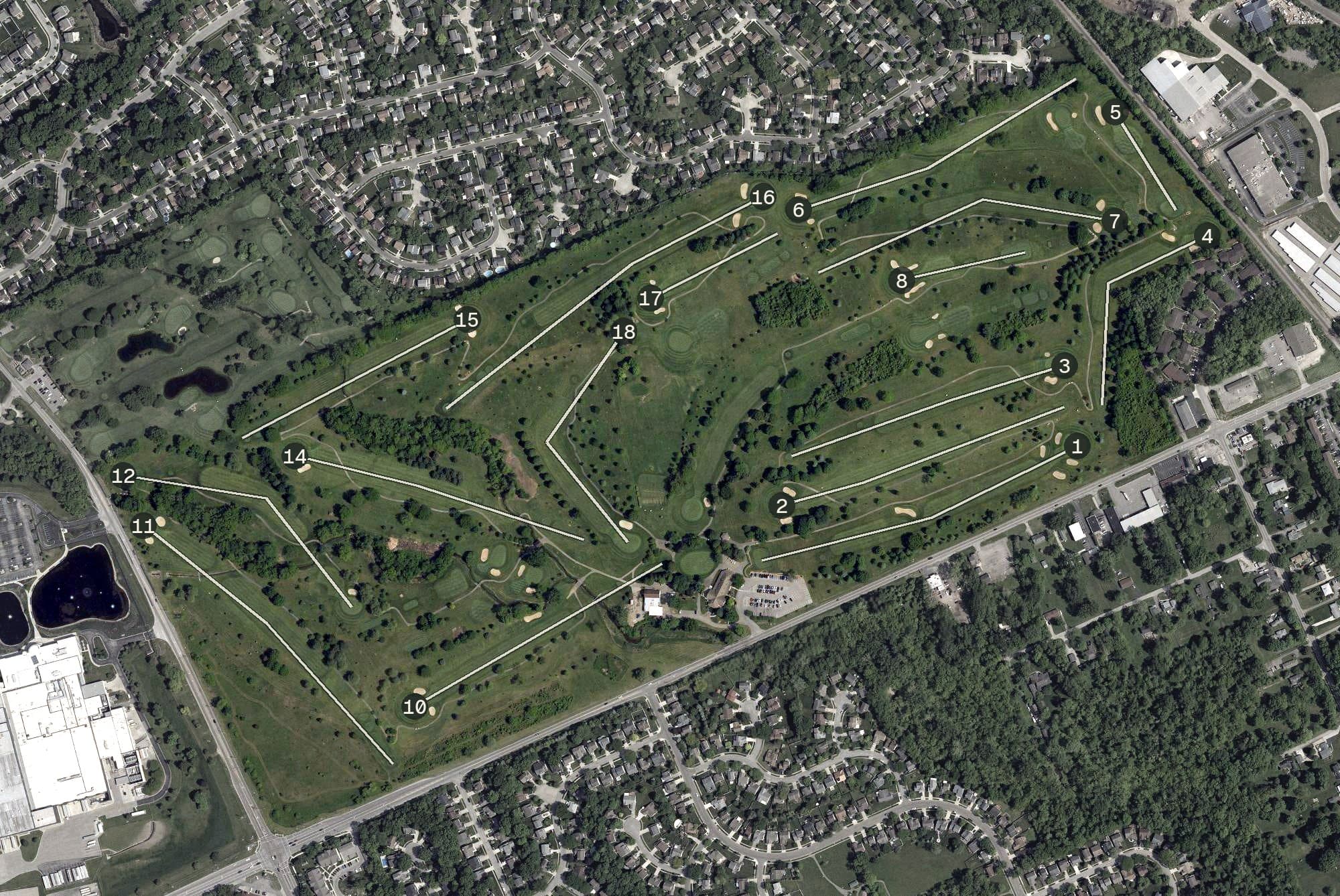 Aerial view of Raymond Memorial Golf Course, OH, with its hole routing marked