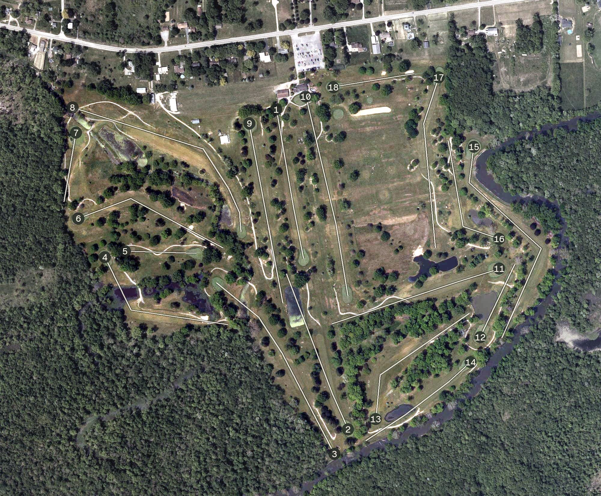 Aerial view of Riverview Golf Course, OH, with its hole routing marked
