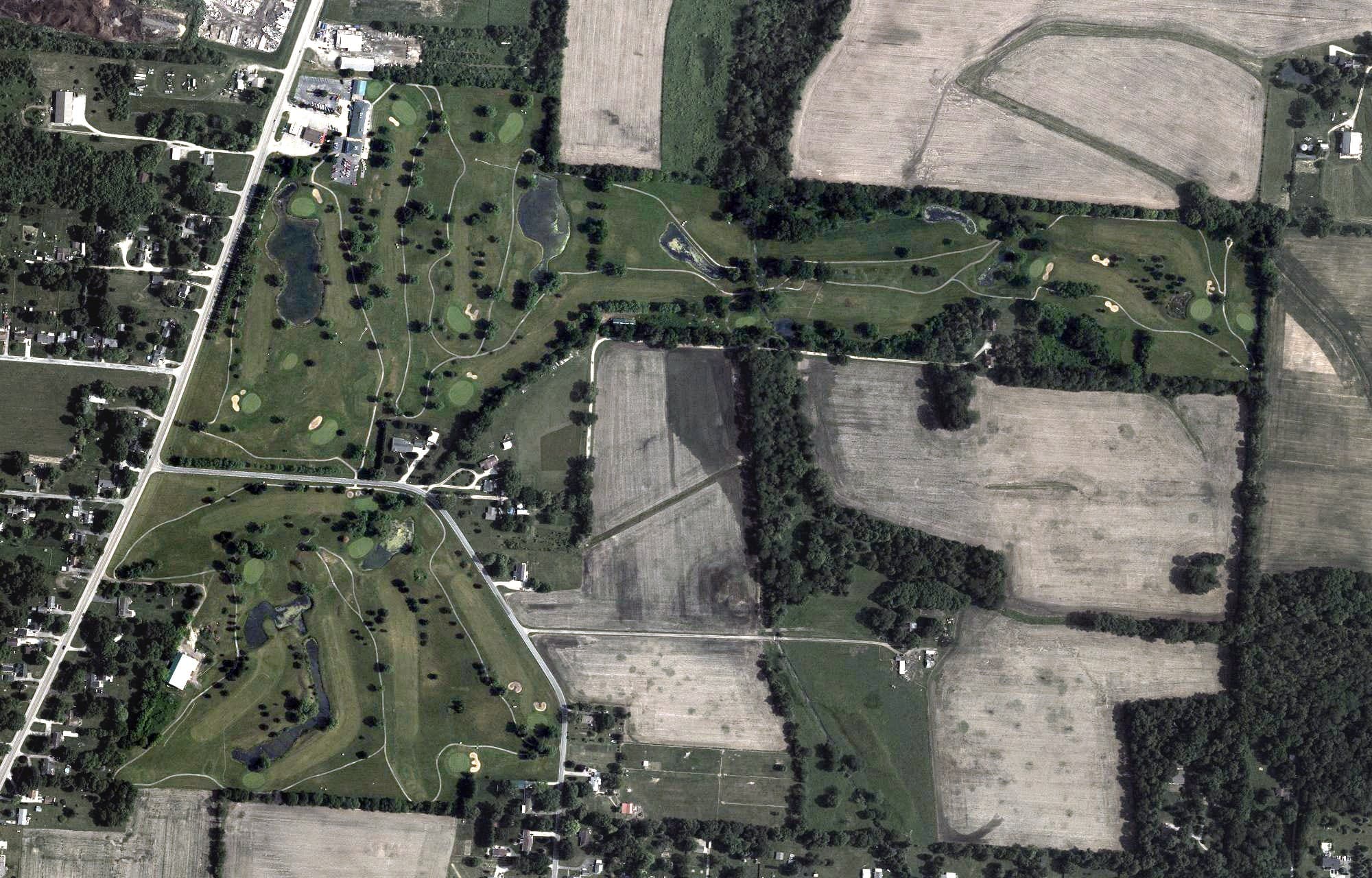Aerial view of Rocky Lakes Golf Course, OH, with its hole routing marked