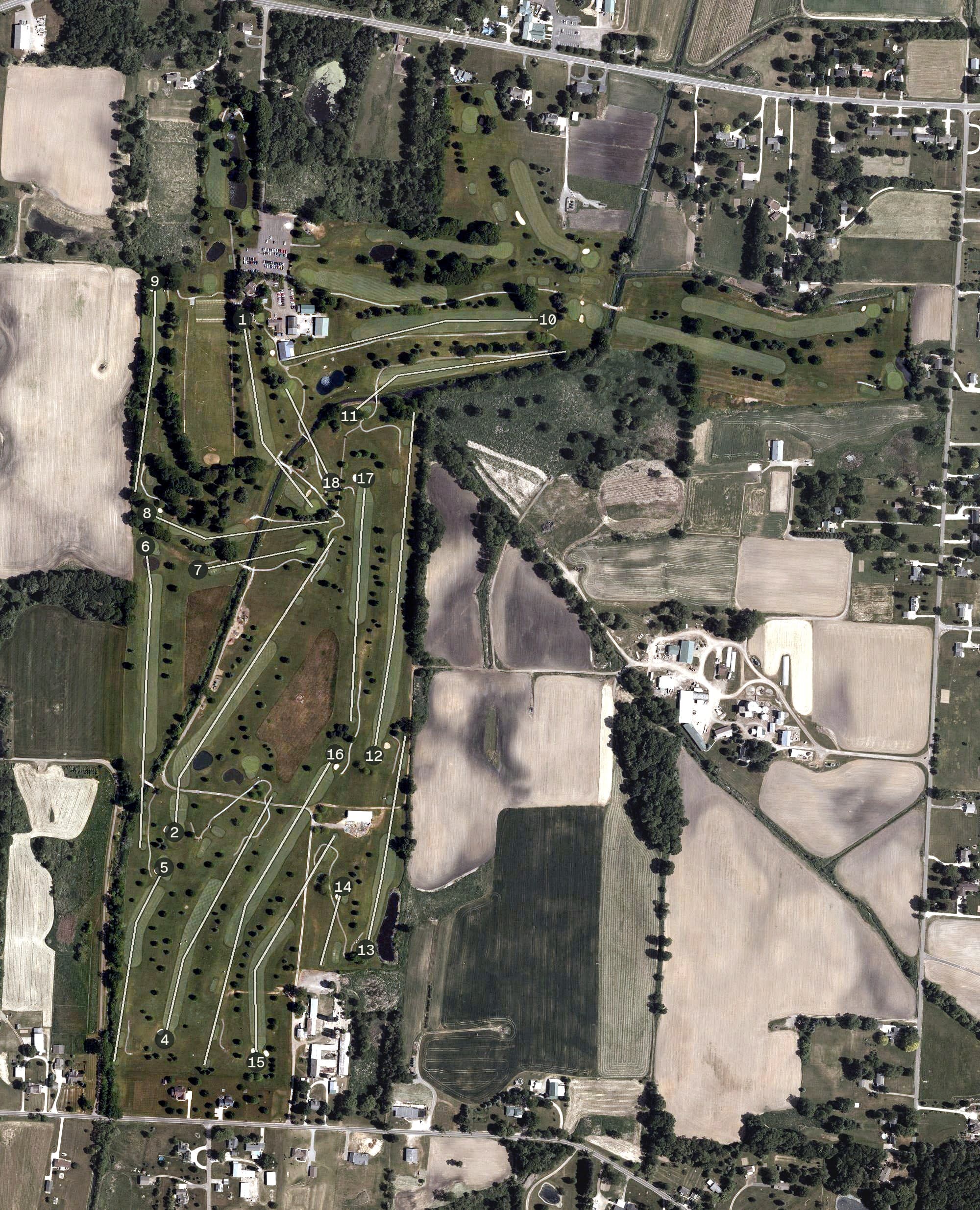 Aerial view of Sable Creek Golf Course, OH, with its hole routing marked