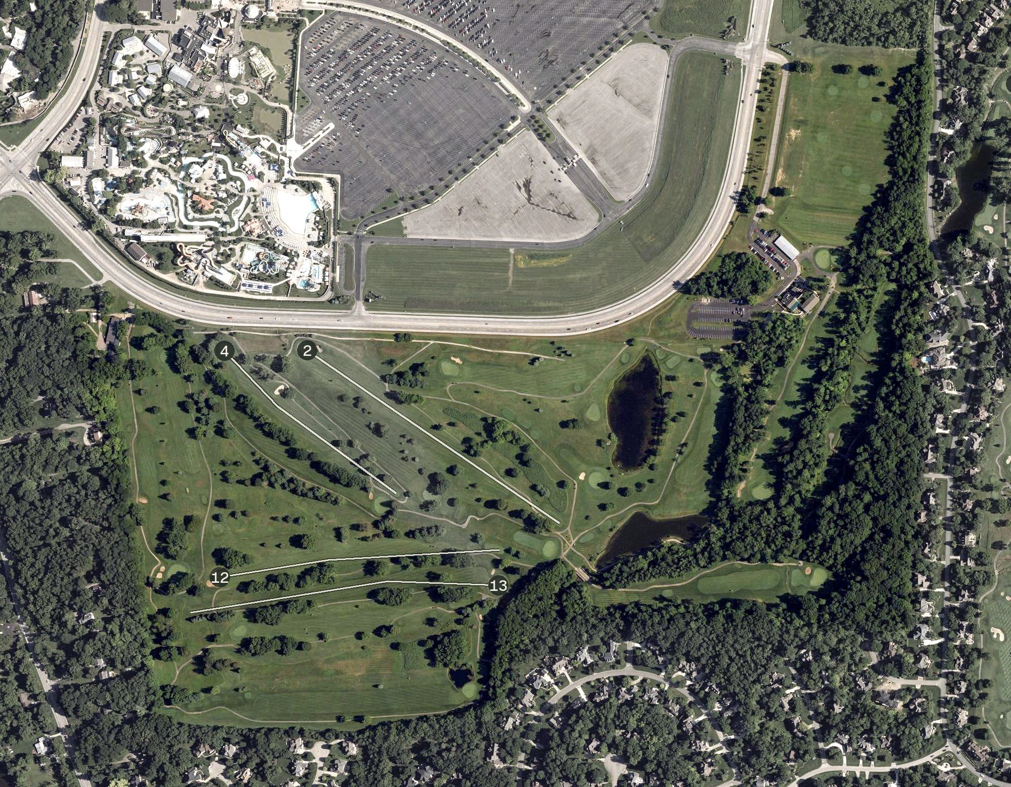 Aerial view of Safari Golf Club, OH, with its hole routing marked