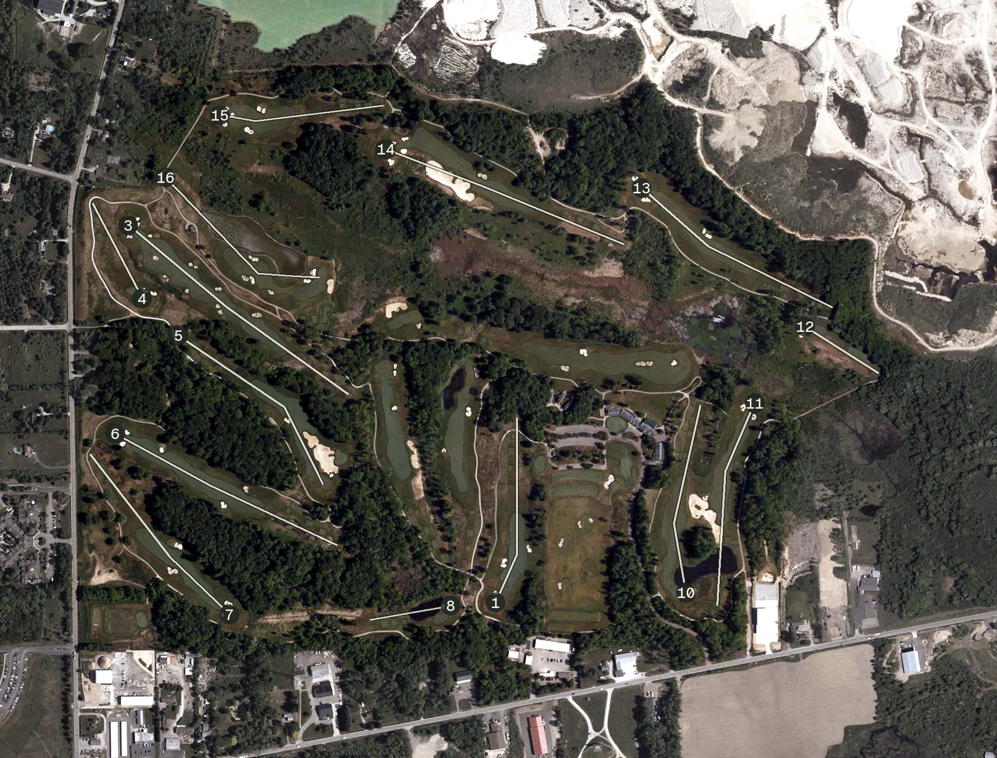 Aerial view of Sand Ridge Golf Club, OH, with its hole routing marked