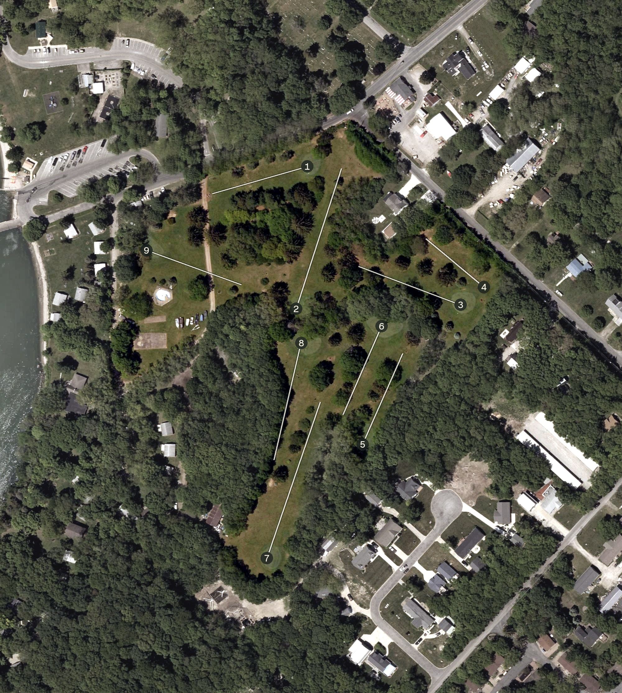 Aerial view of Saunders Golf Course, OH, with its hole routing marked