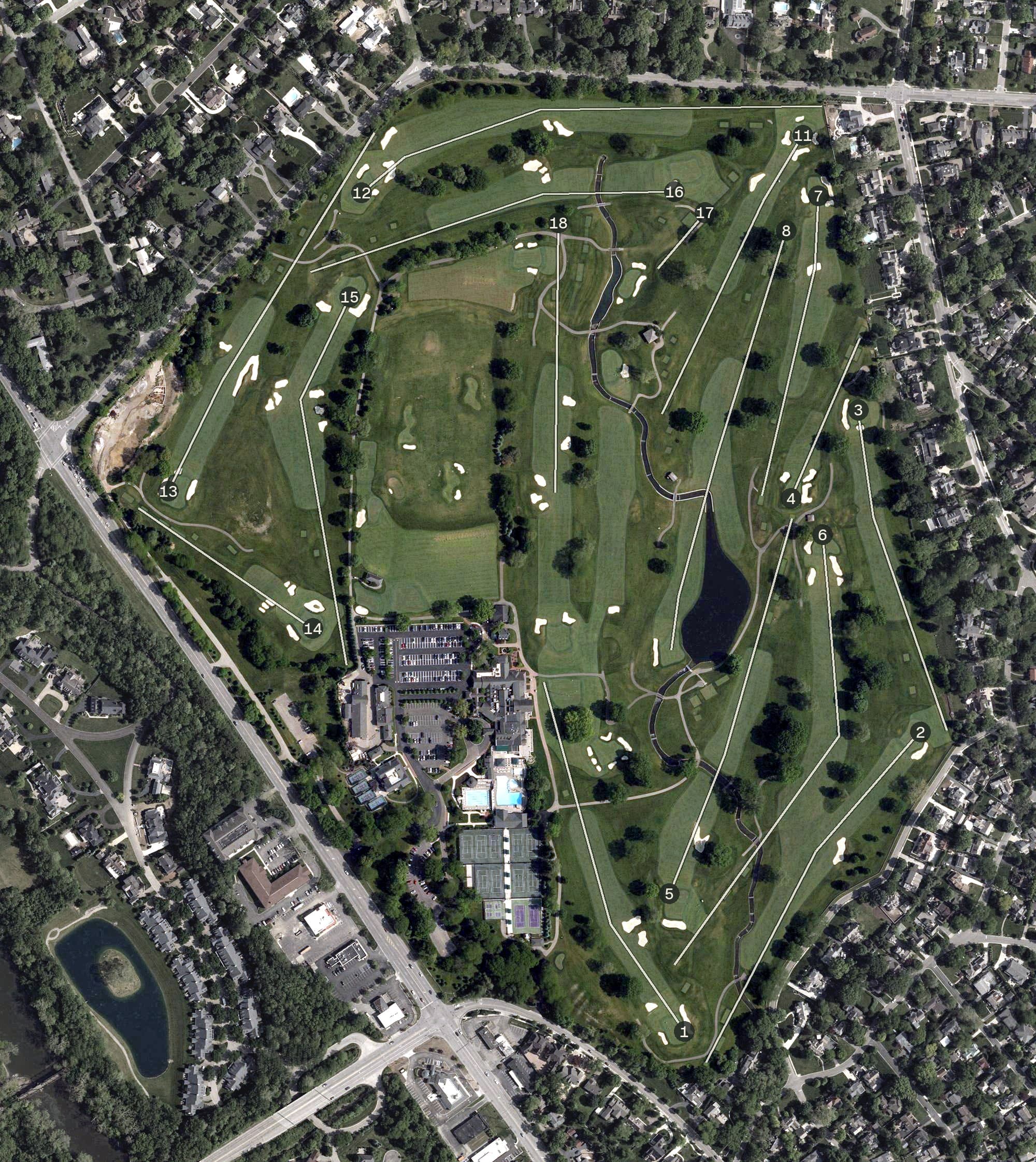 Aerial view of Scioto Country Club, OH, with its hole routing marked